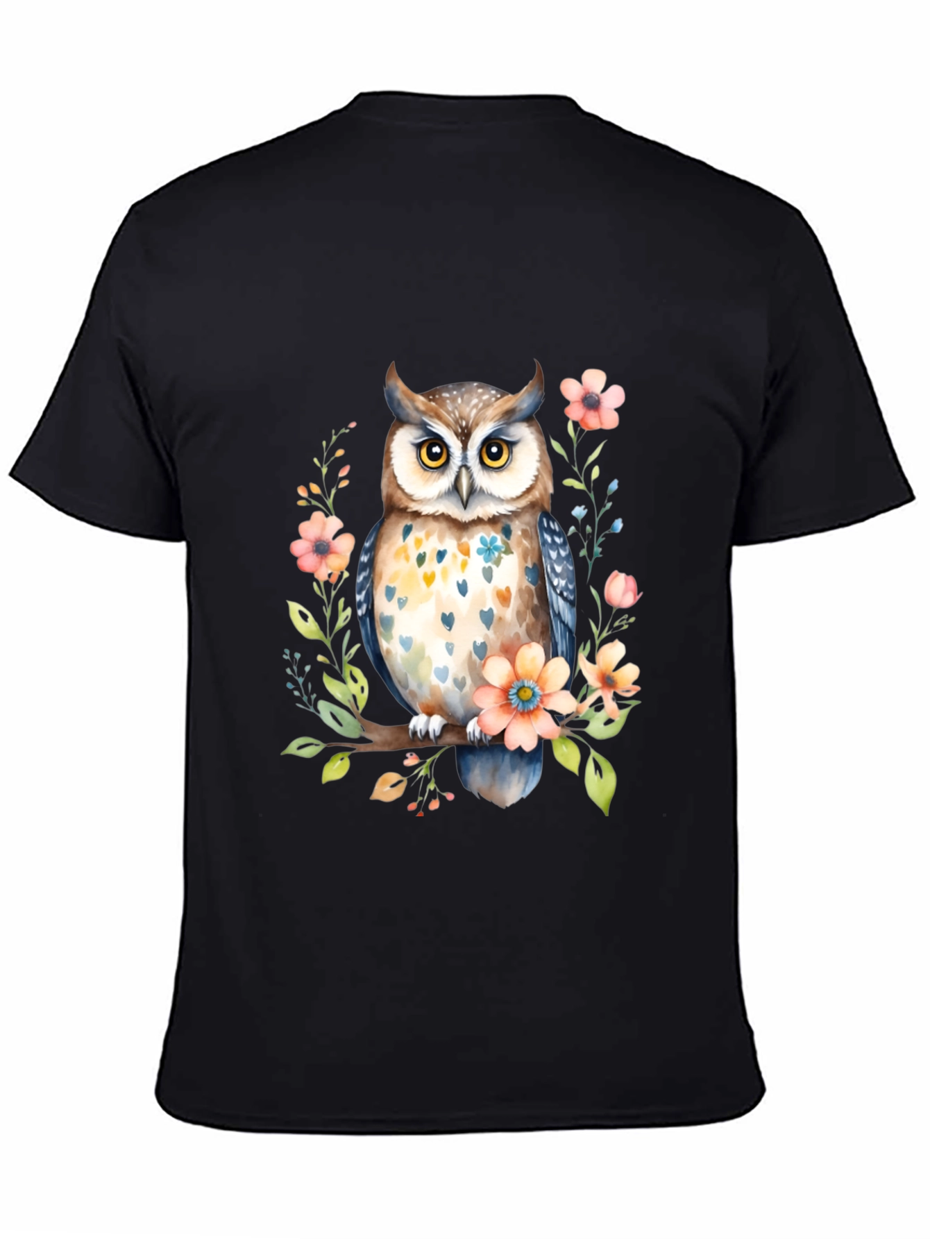 Owl and Floral Black T-Shirt