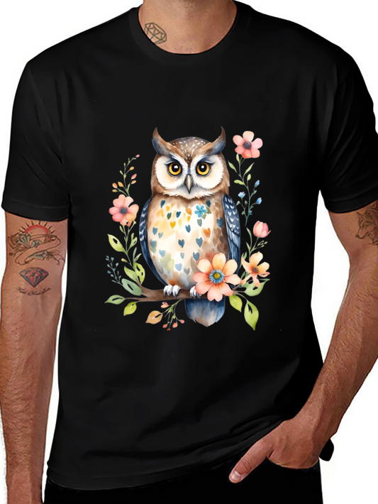 Owl and Floral Black T-Shirt