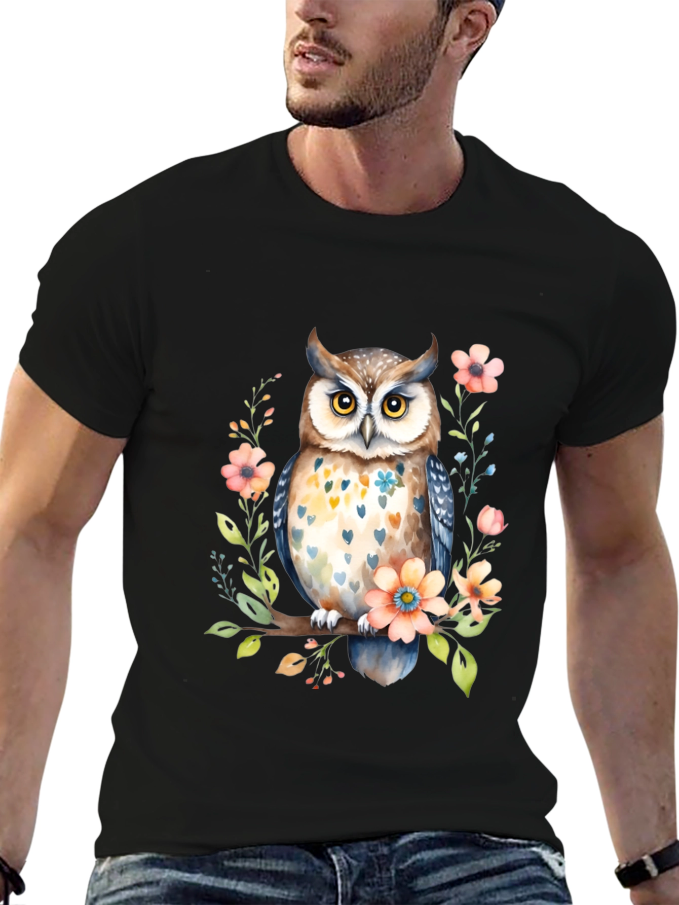 Owl and Floral Black T-Shirt