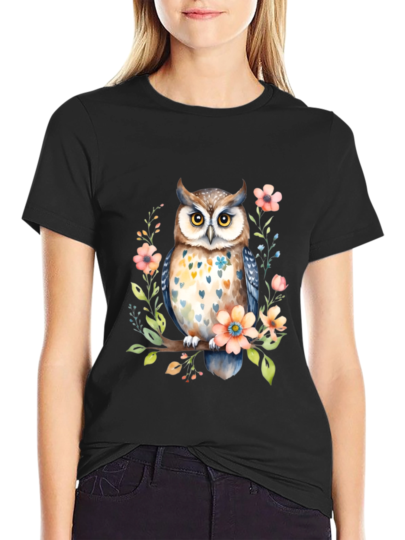 Owl and Floral Black T-Shirt