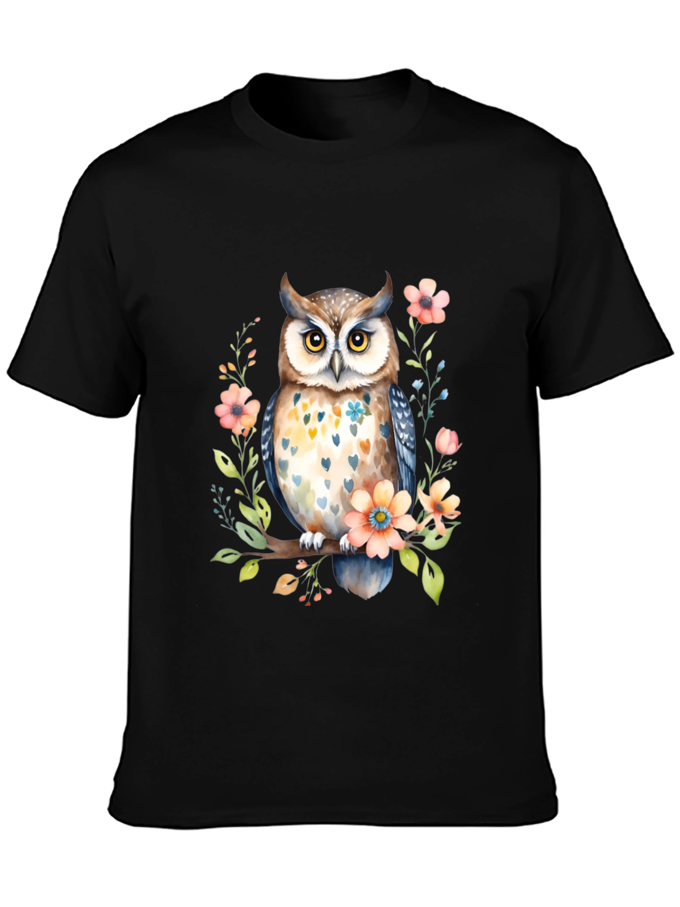 Owl and Floral Black T-Shirt