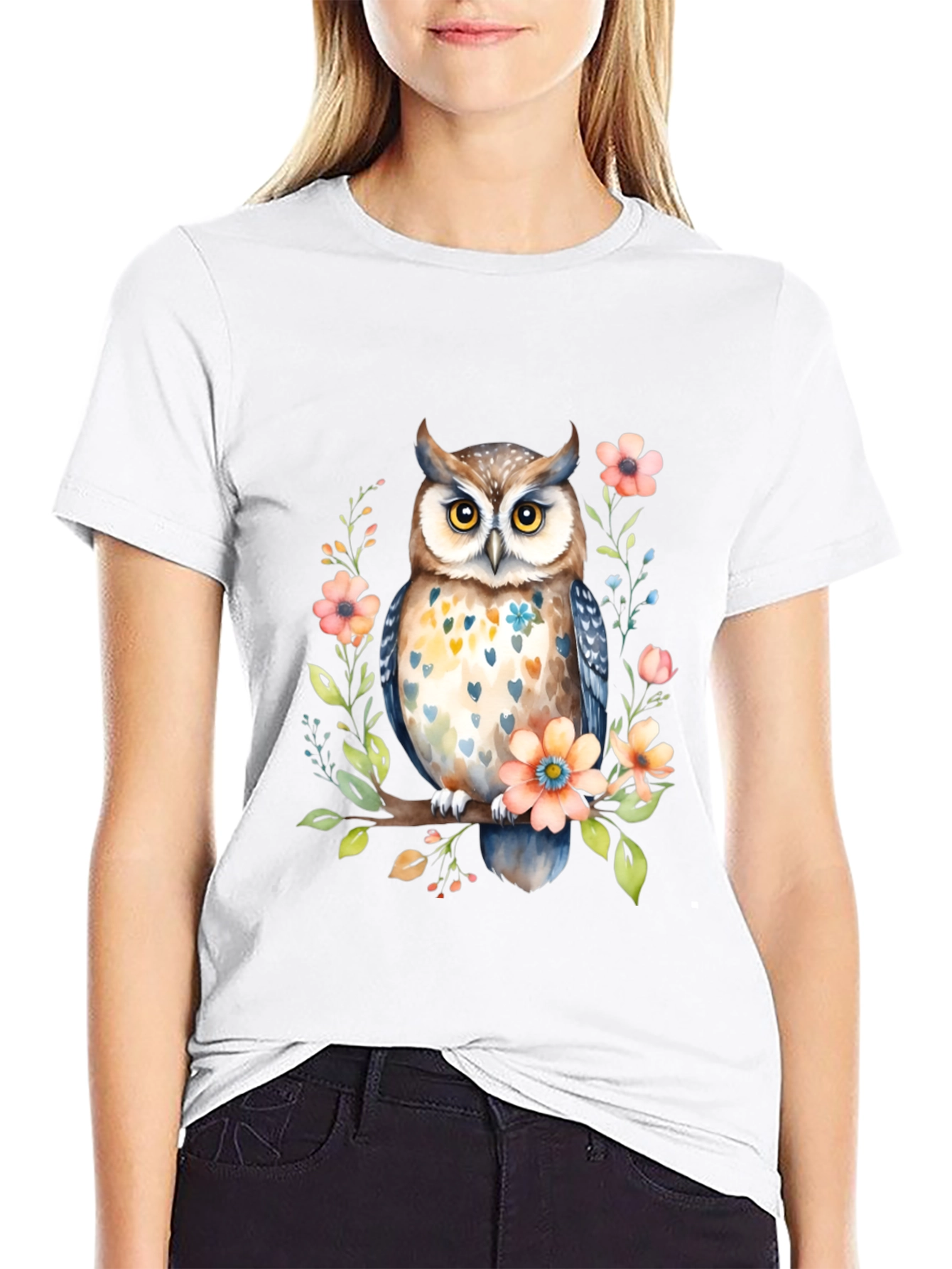 Owl and Floral Black T-Shirt