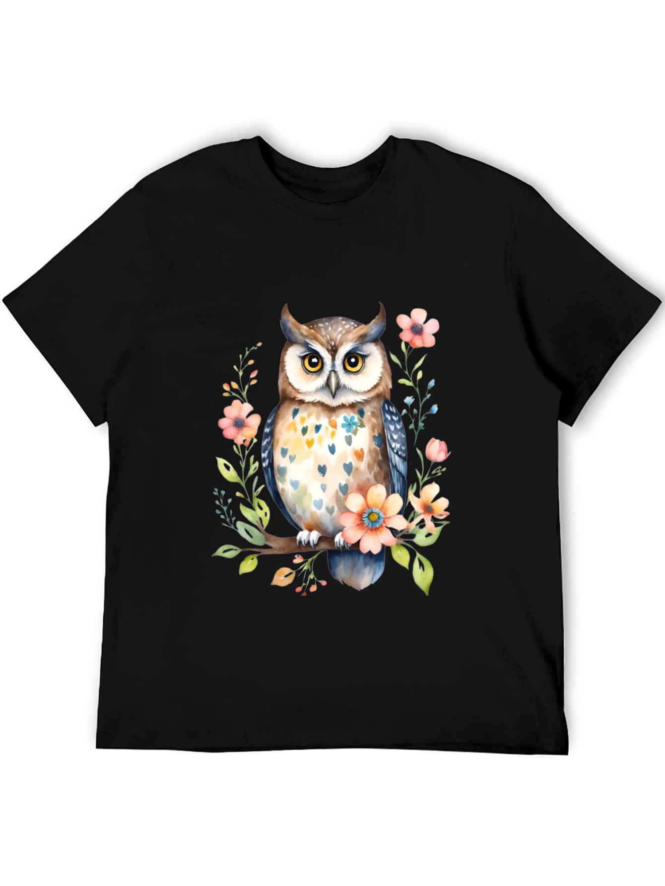 Owl and Floral Black T-Shirt