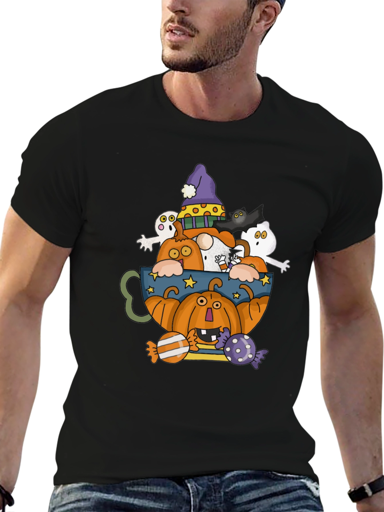 Halloween Pumpkin & Ghost Crewneck T-Shirt