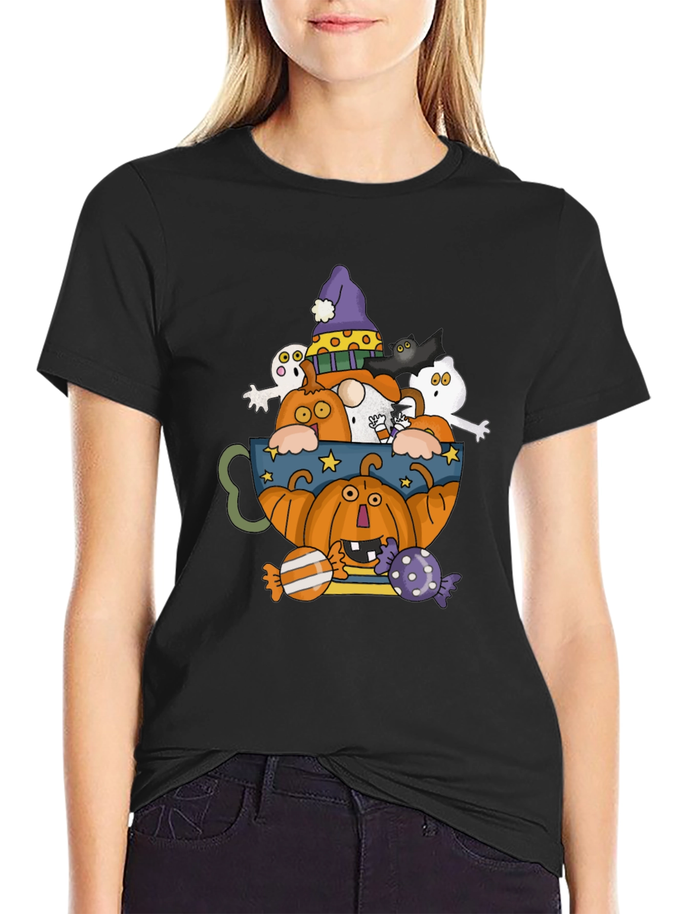 Halloween Pumpkin & Ghost Crewneck T-Shirt