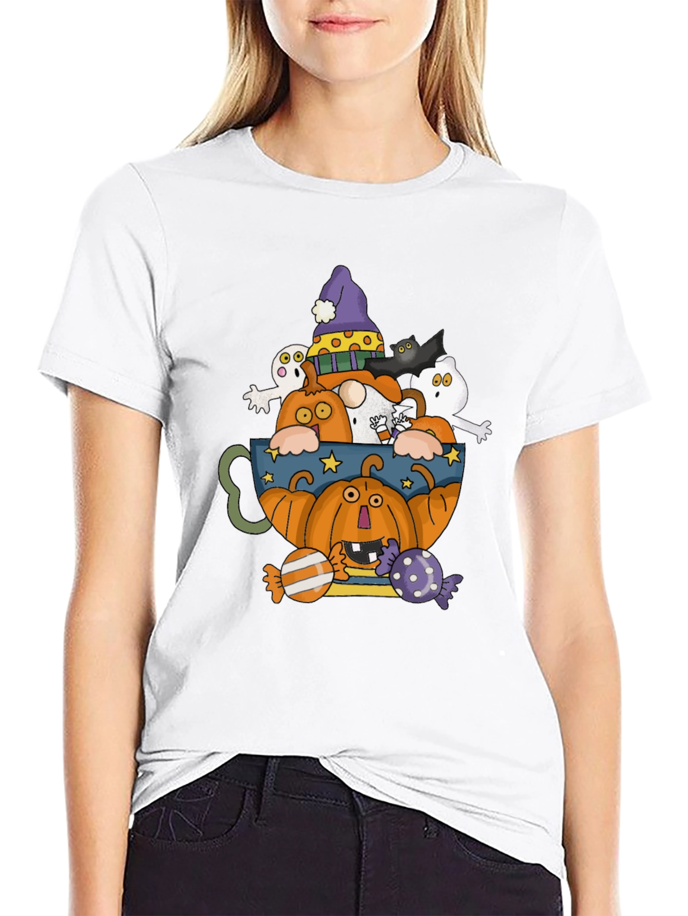 Halloween Pumpkin & Ghost Crewneck T-Shirt