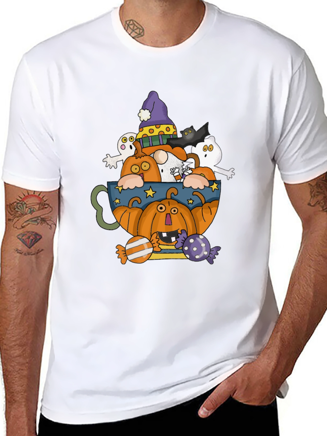 Halloween Pumpkin & Ghost Crewneck T-Shirt