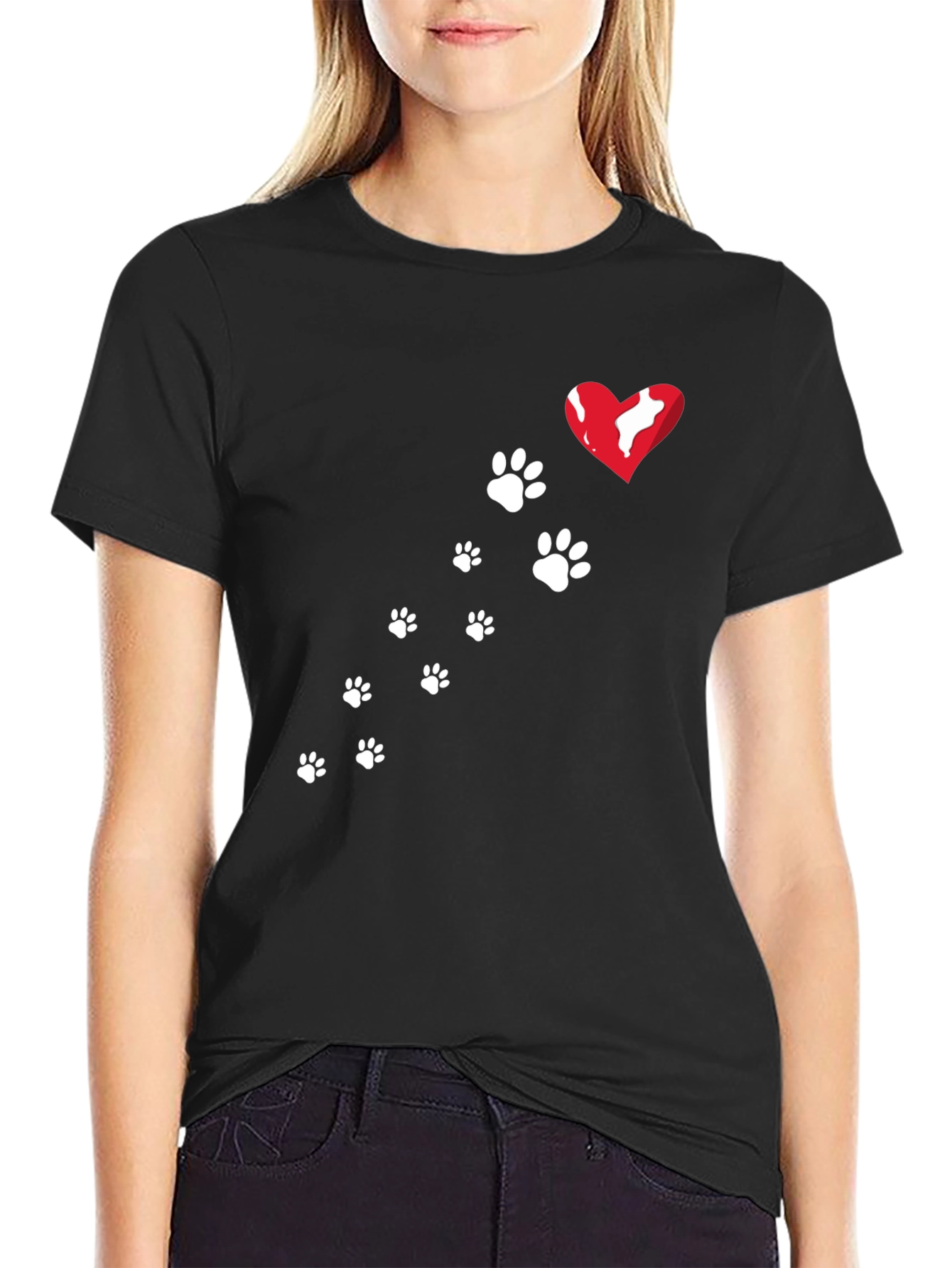 Paw Print Heart T-Shirt - Black