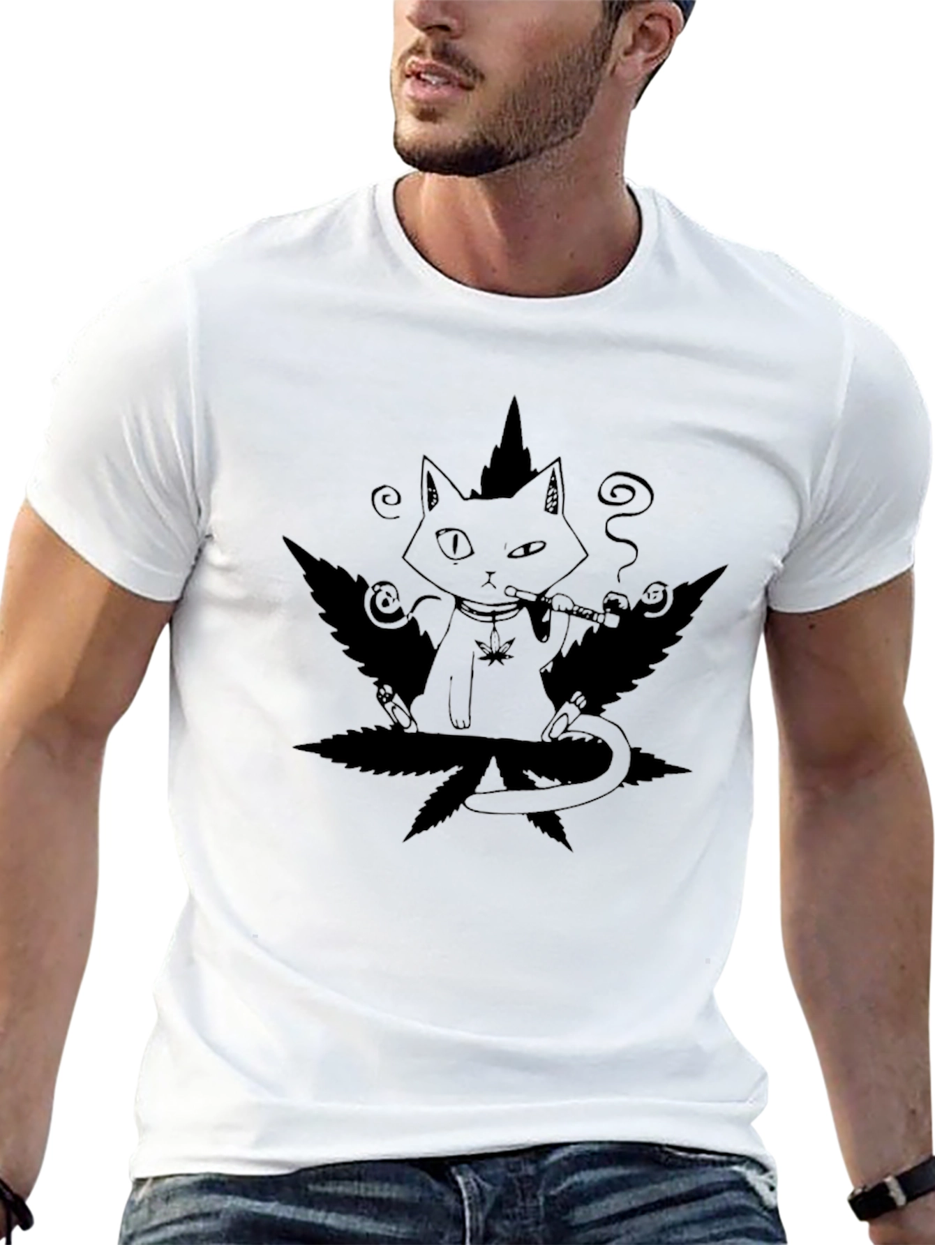 Cool Cat T-Shirt: Smoking Cat on Weed Leaf Tee