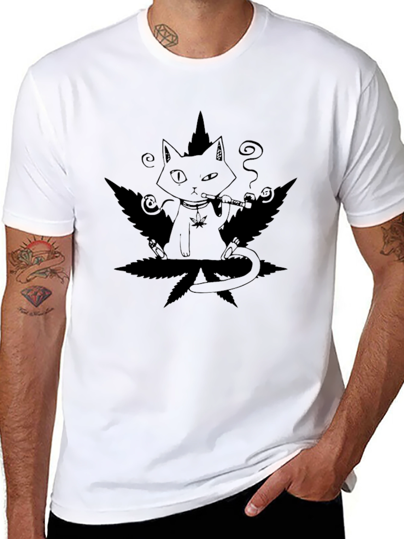 Cool Cat T-Shirt: Smoking Cat on Weed Leaf Tee