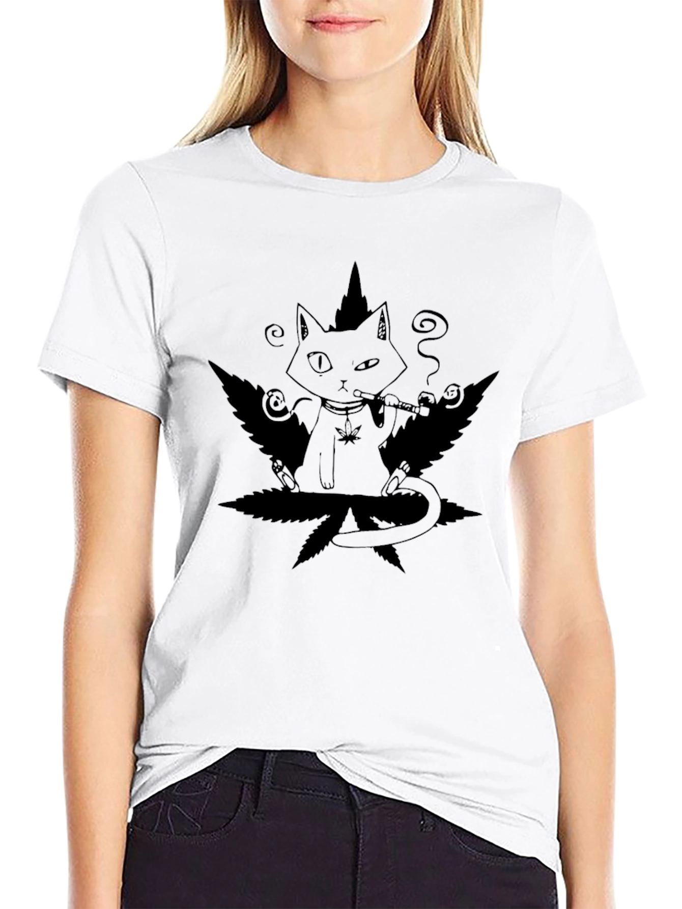 Cool Cat T-Shirt: Smoking Cat on Weed Leaf Tee