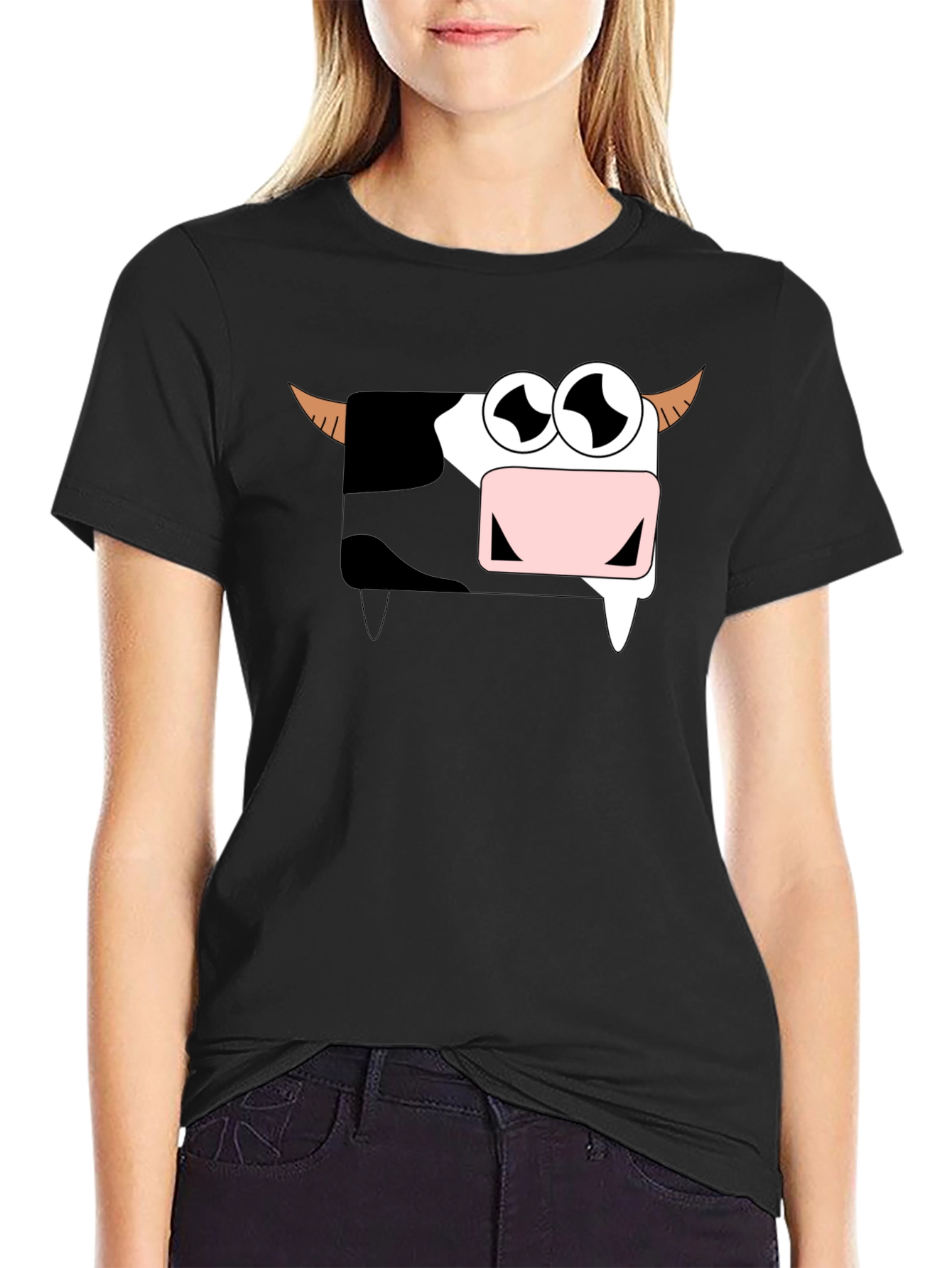Funny Cartoon Cow Graphic T-Shirt - Black