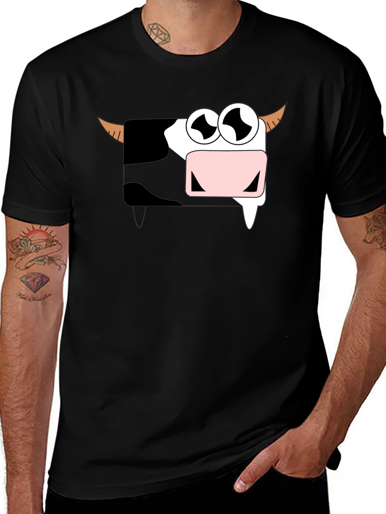 Funny Cartoon Cow Graphic T-Shirt - Black