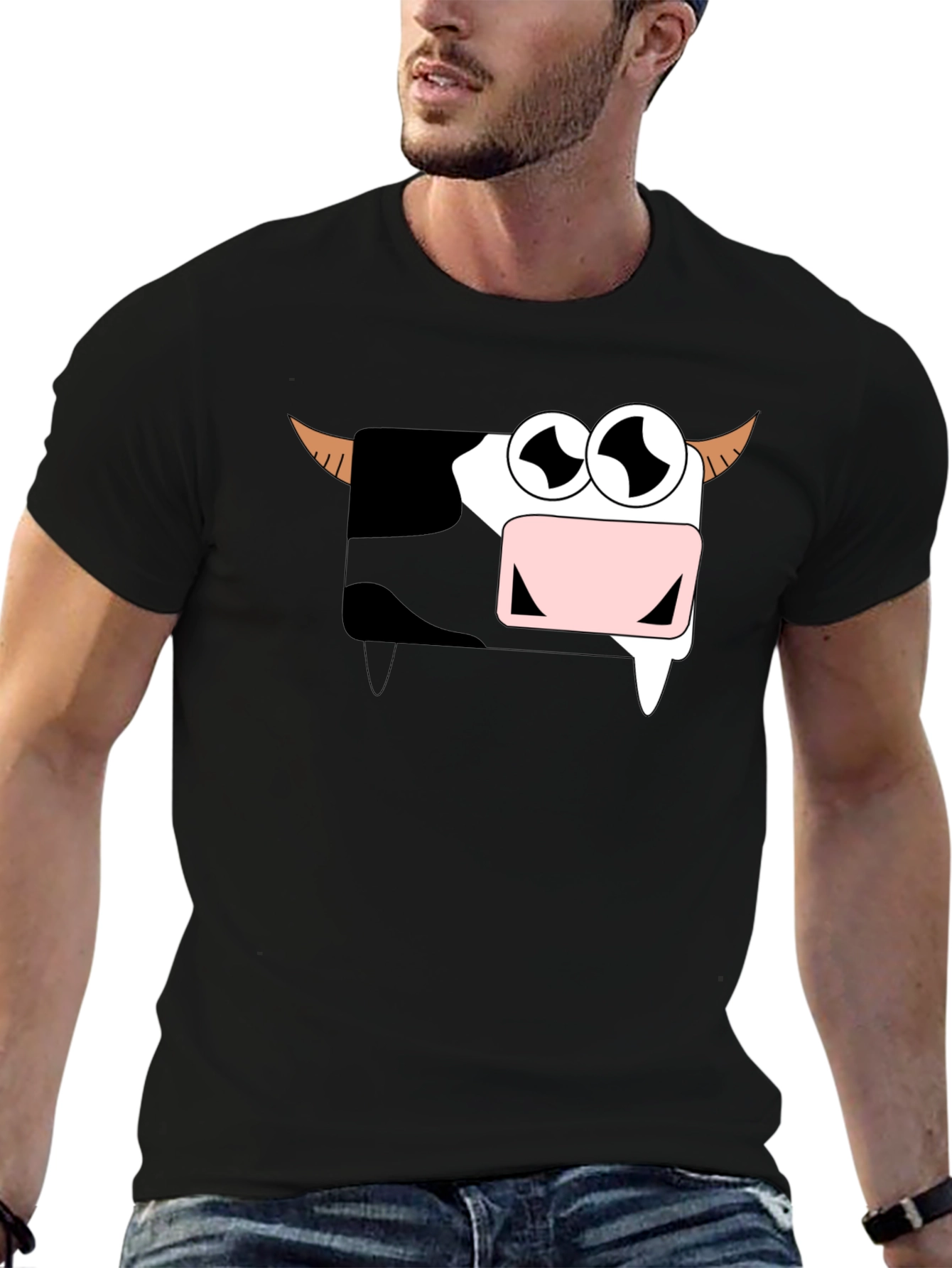 Funny Cartoon Cow Graphic T-Shirt - Black