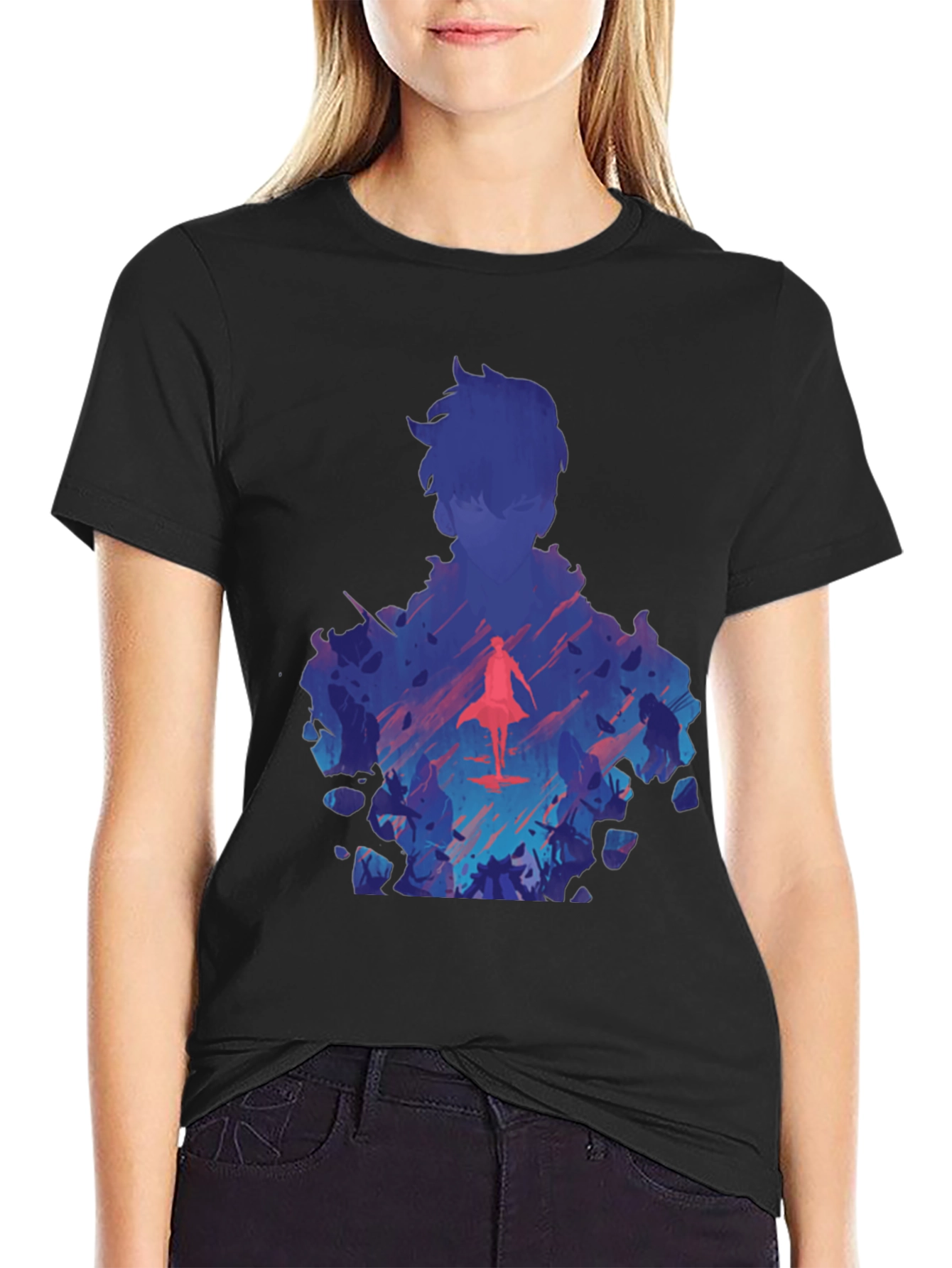 Anime Silhouette Graphic Print Black T-Shirt