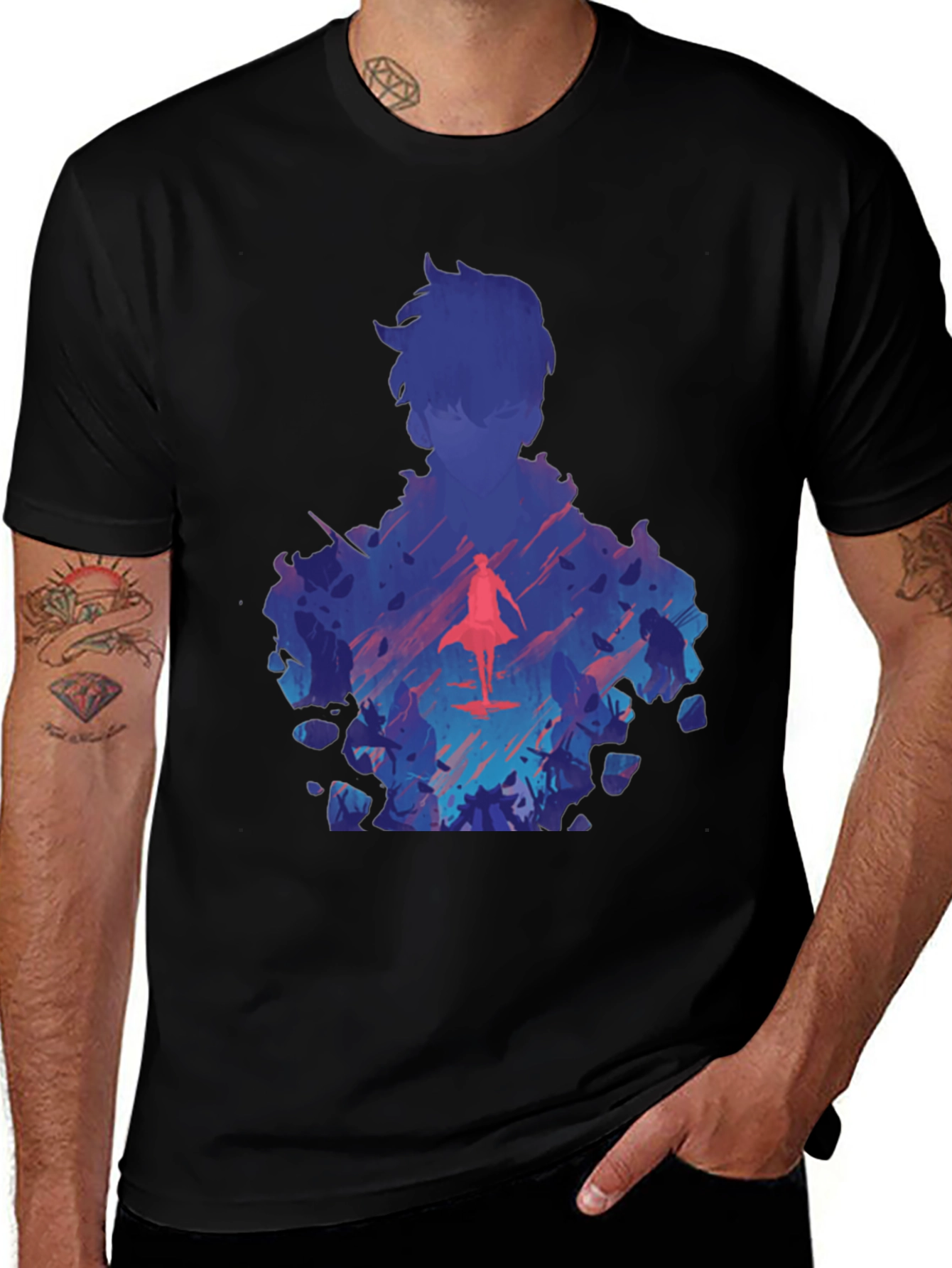 Anime Silhouette Graphic Print Black T-Shirt
