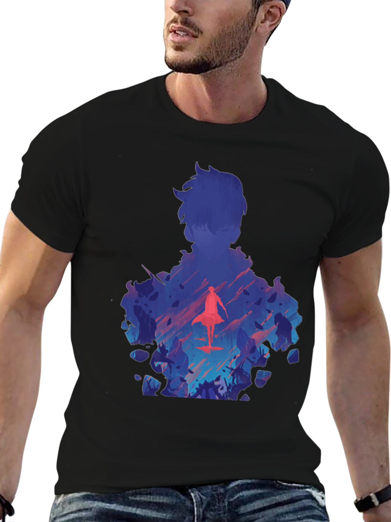 Anime Silhouette Graphic Print Black T-Shirt