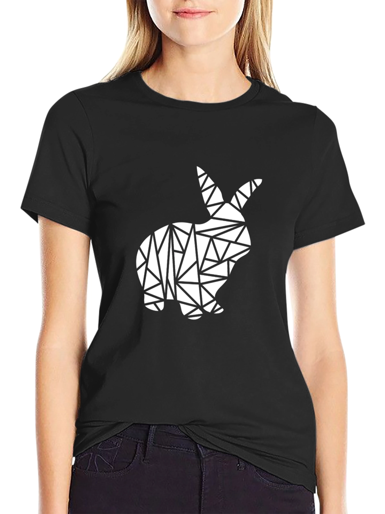 Geometric Rabbit Graphic Tee - Modern Mens Black T-Shirt