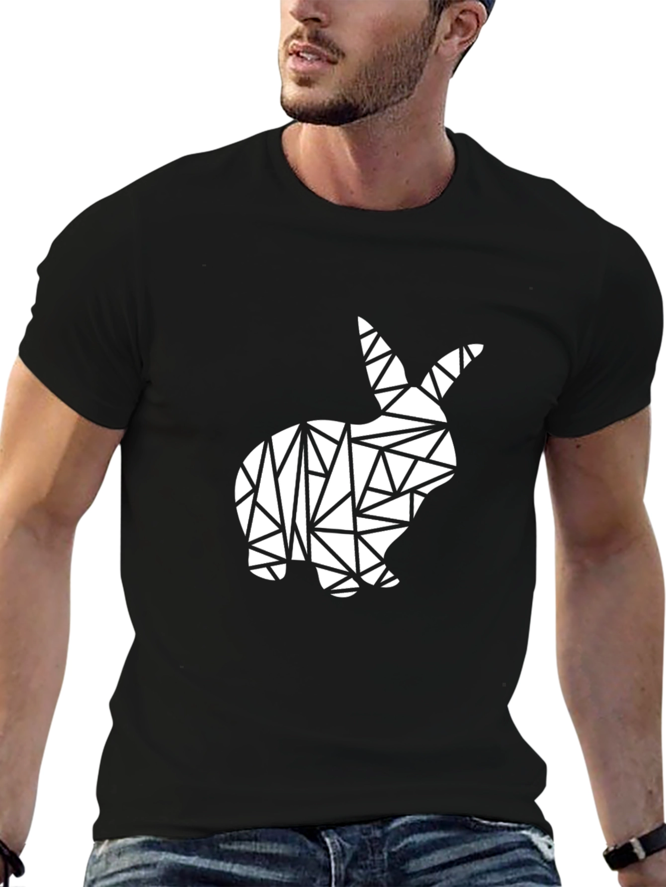 Geometric Rabbit Graphic Tee - Modern Mens Black T-Shirt