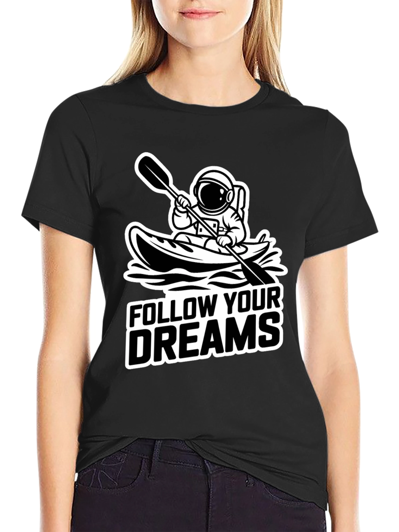 Follow Your Dreams Astronaut Kayak Black T-Shirt
