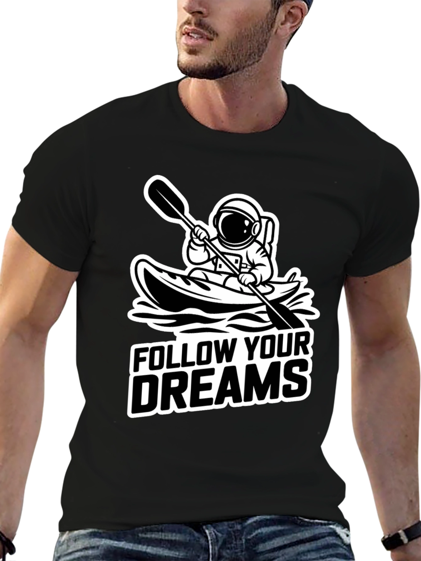 Follow Your Dreams Astronaut Kayak Black T-Shirt