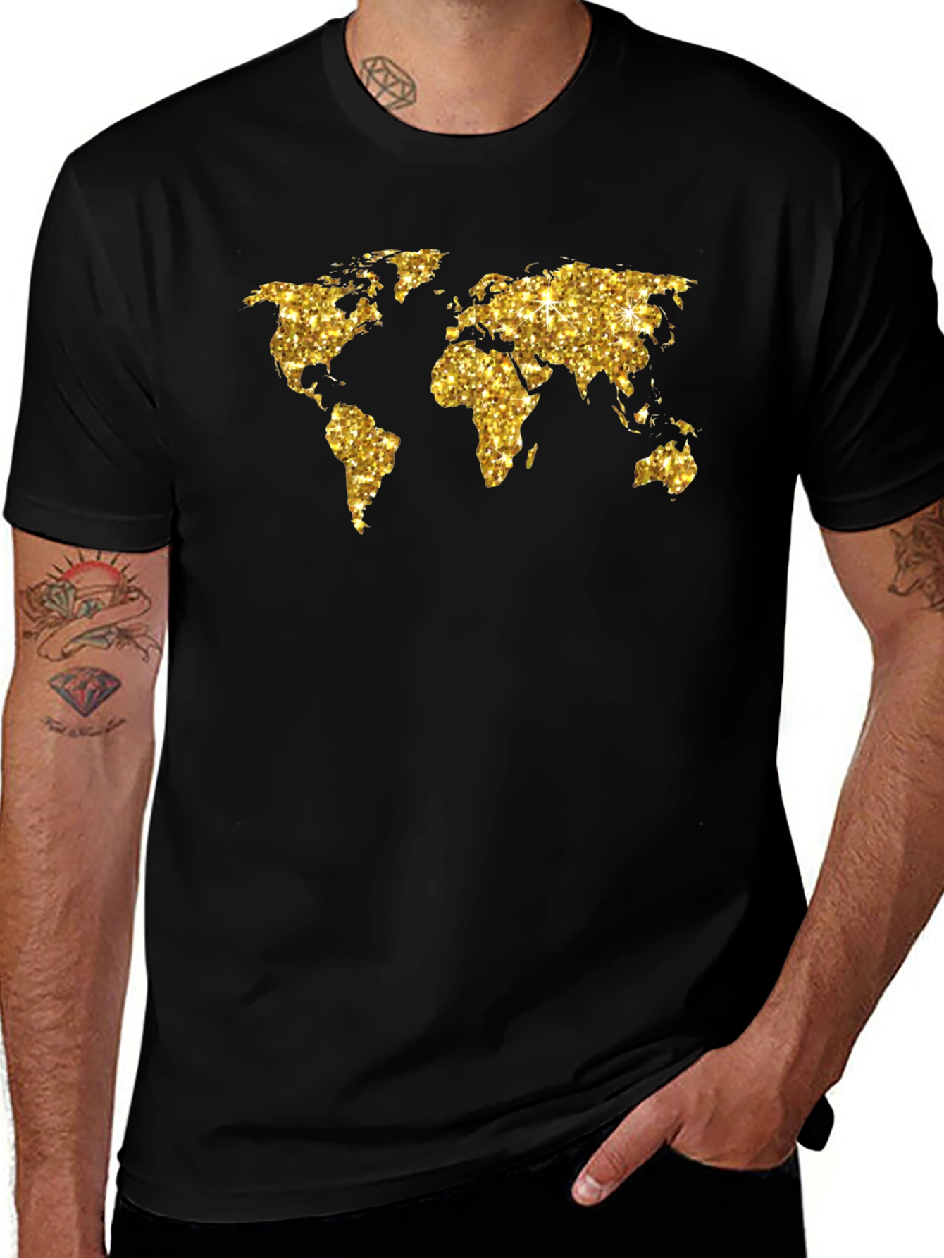 Glitter World Map Graphic Tee - Black