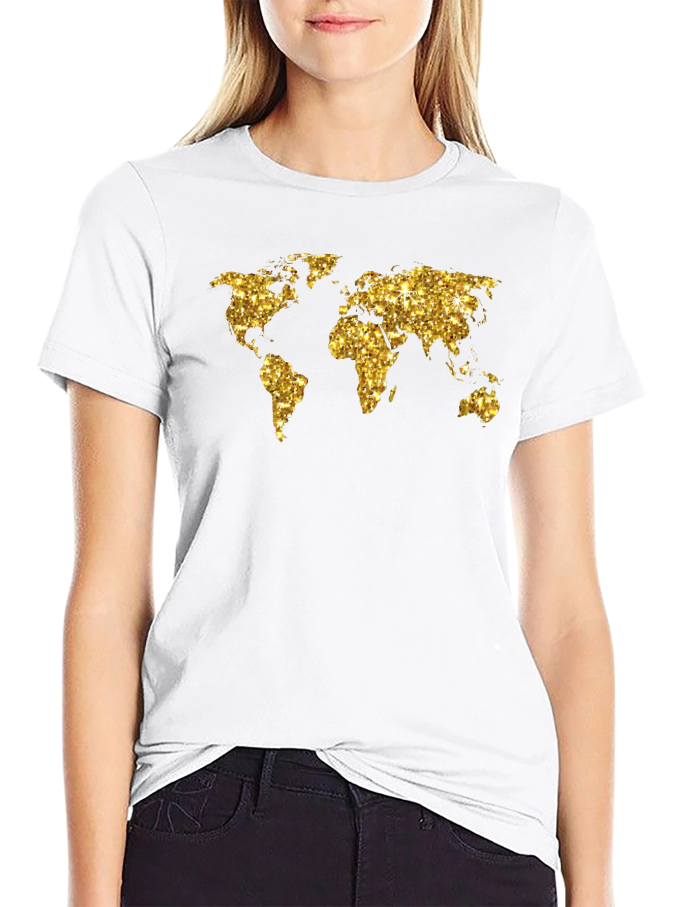 Glitter World Map Graphic Tee - Black