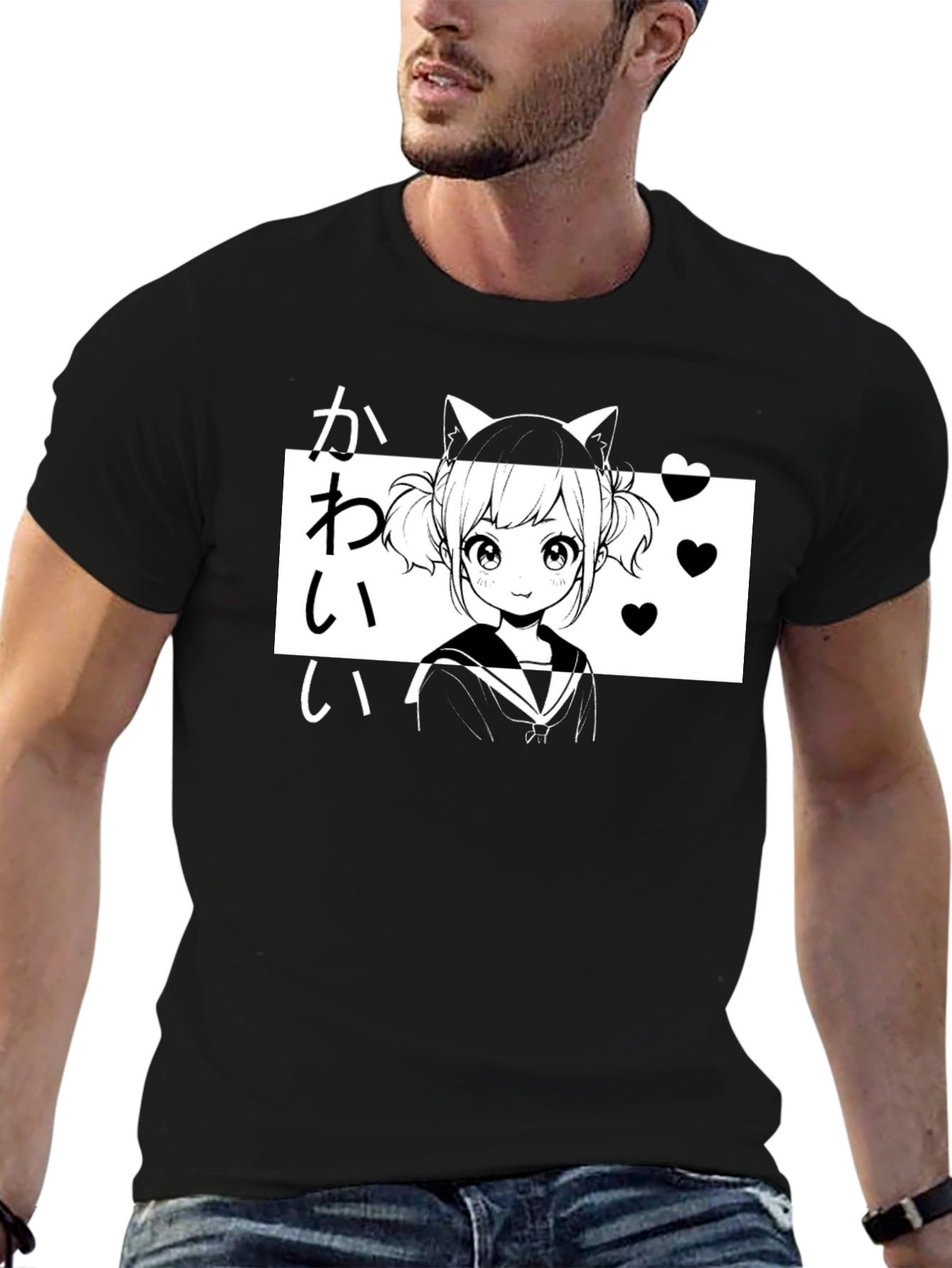 Kawaii Anime Girl T-Shirt Black Graphic Tee
