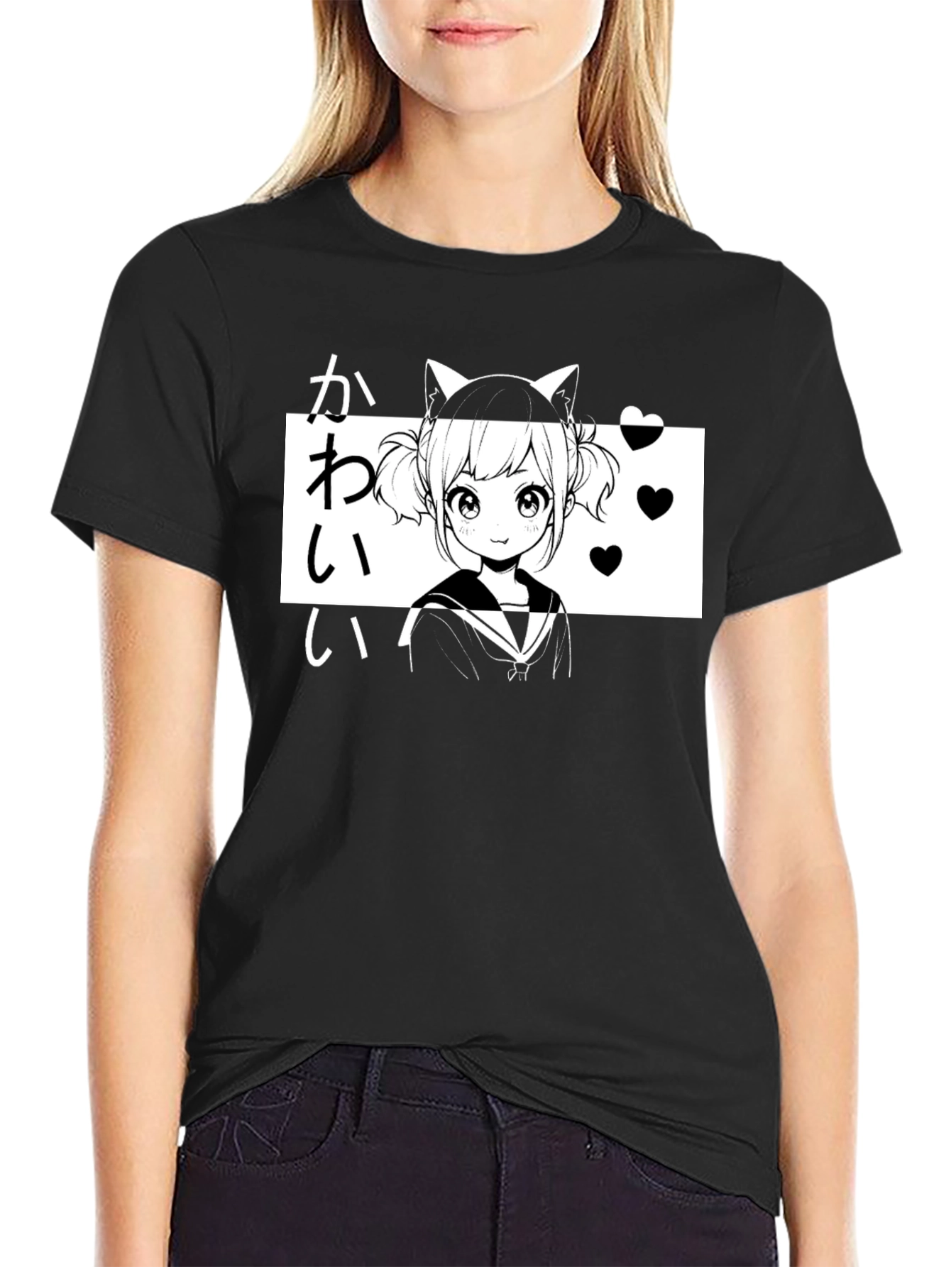 Kawaii Anime Girl T-Shirt Black Graphic Tee