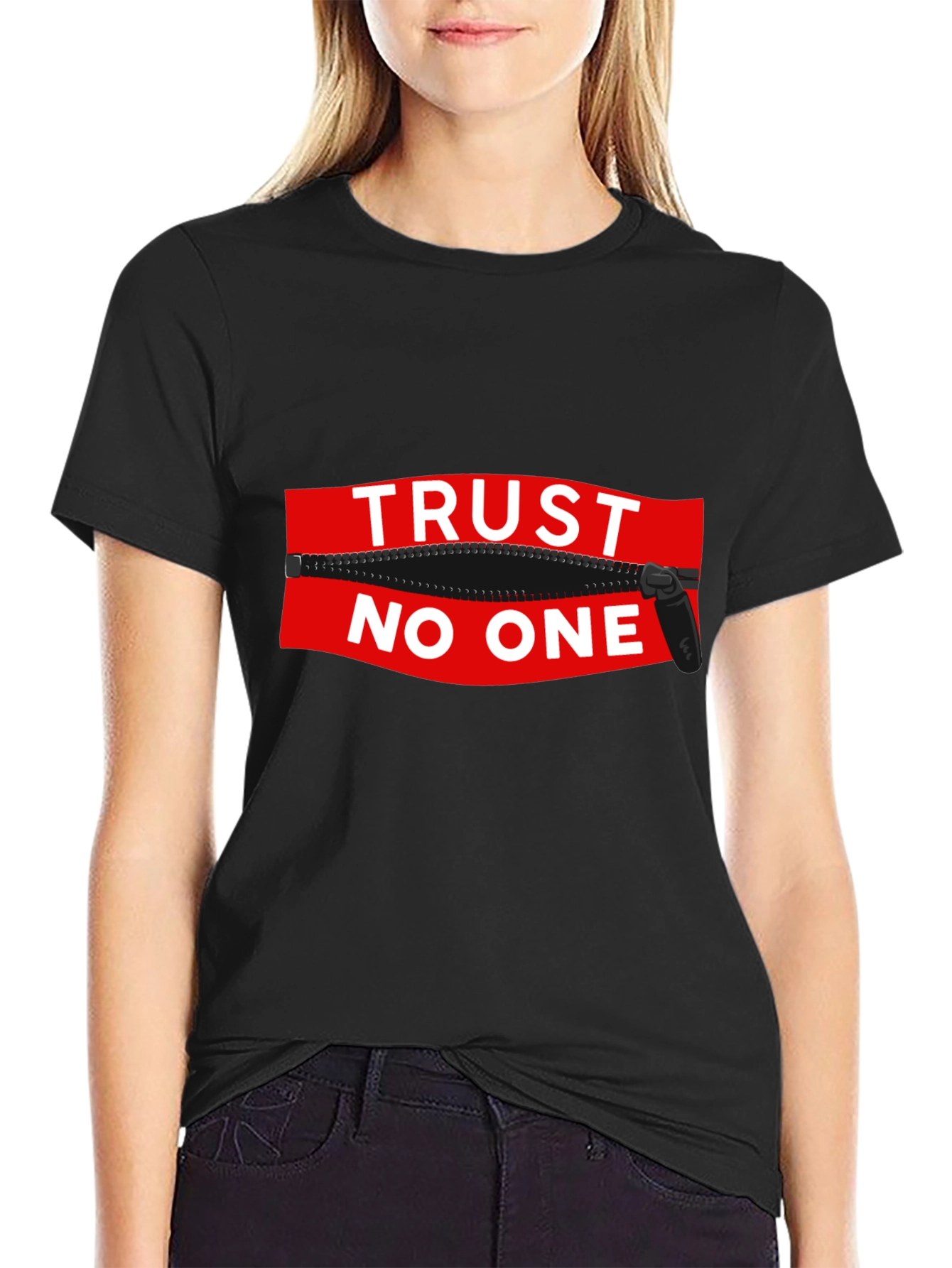 Trust No One Zipper Graphic Black T-Shirt