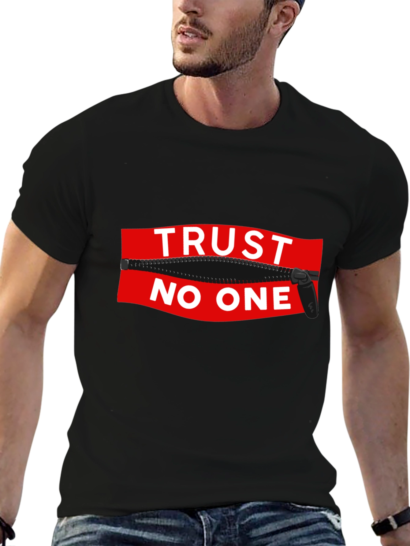 Trust No One Zipper Graphic Black T-Shirt