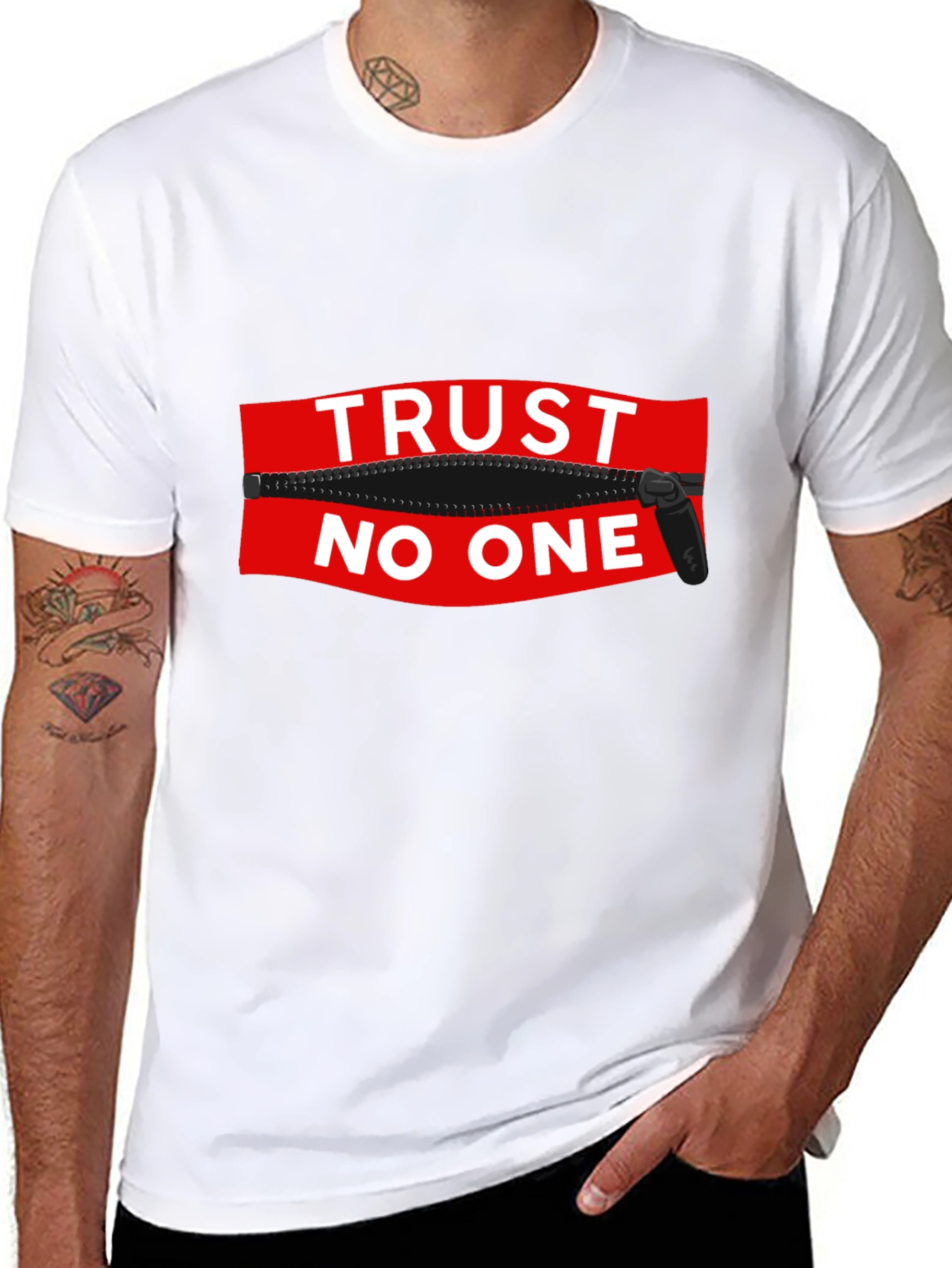 Trust No One Zipper Graphic Black T-Shirt