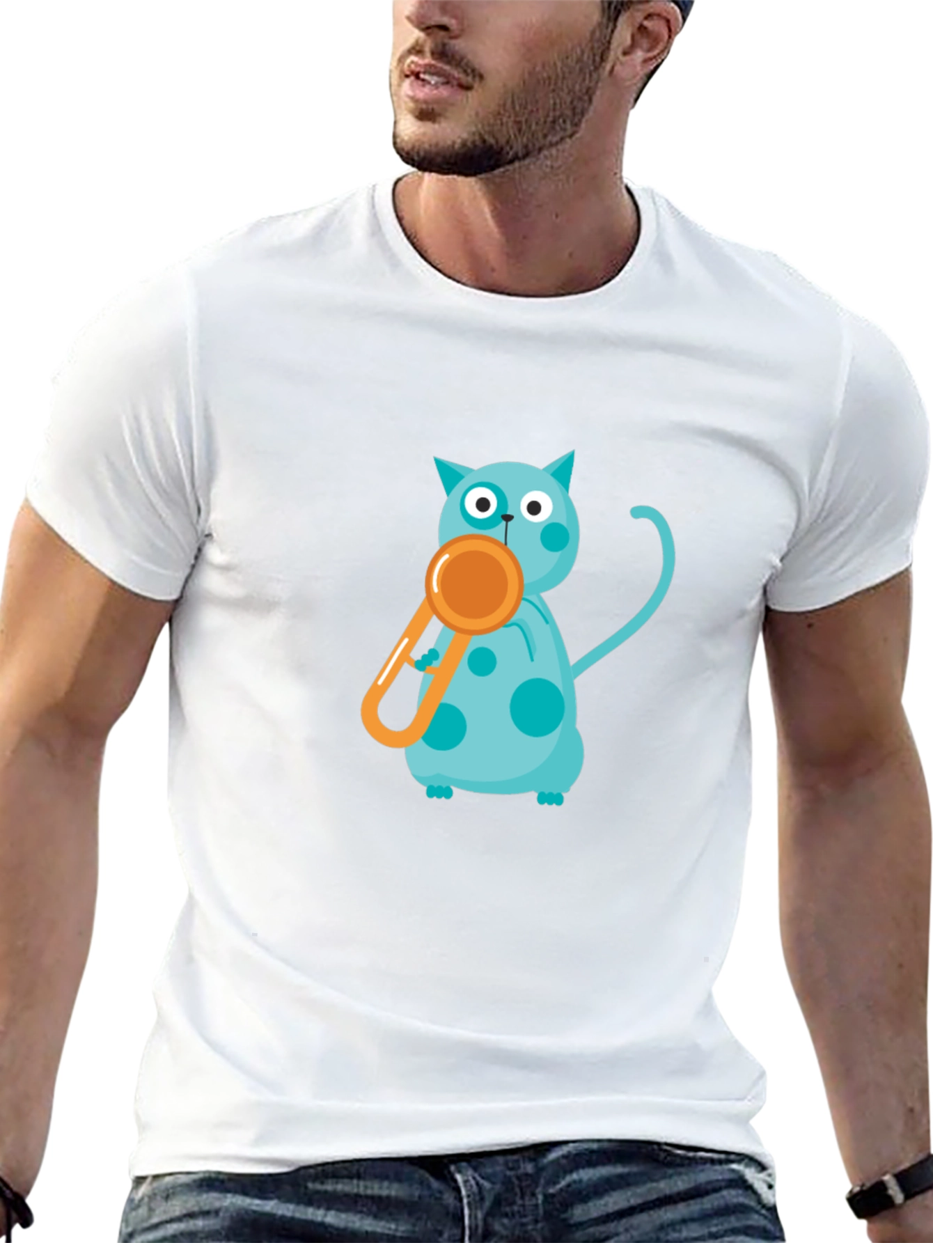 Black Tee with Playful Cat and Whistle Design