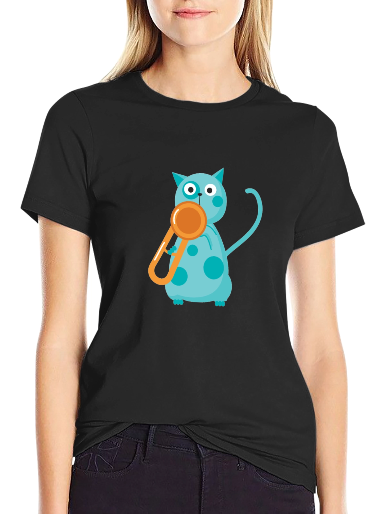 Black Tee with Playful Cat and Whistle Design