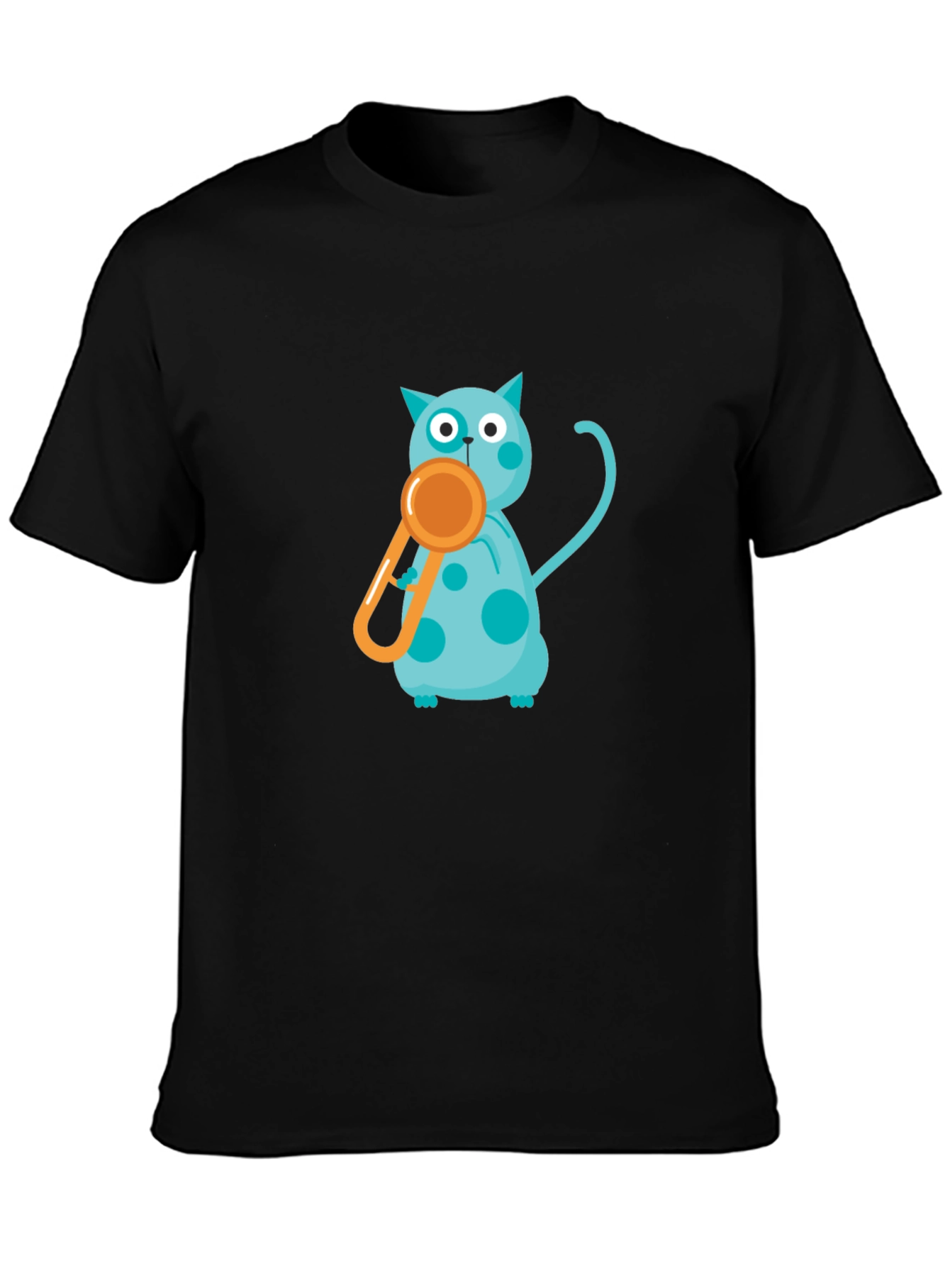 Black Tee with Playful Cat and Whistle Design