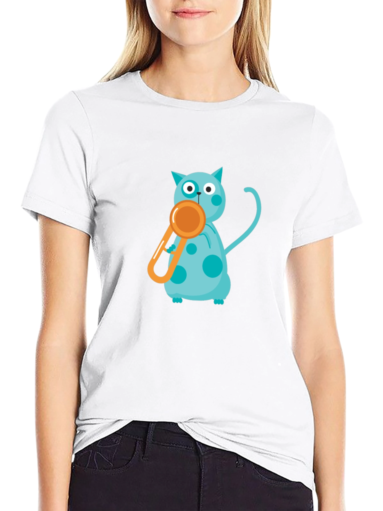 Black Tee with Playful Cat and Whistle Design