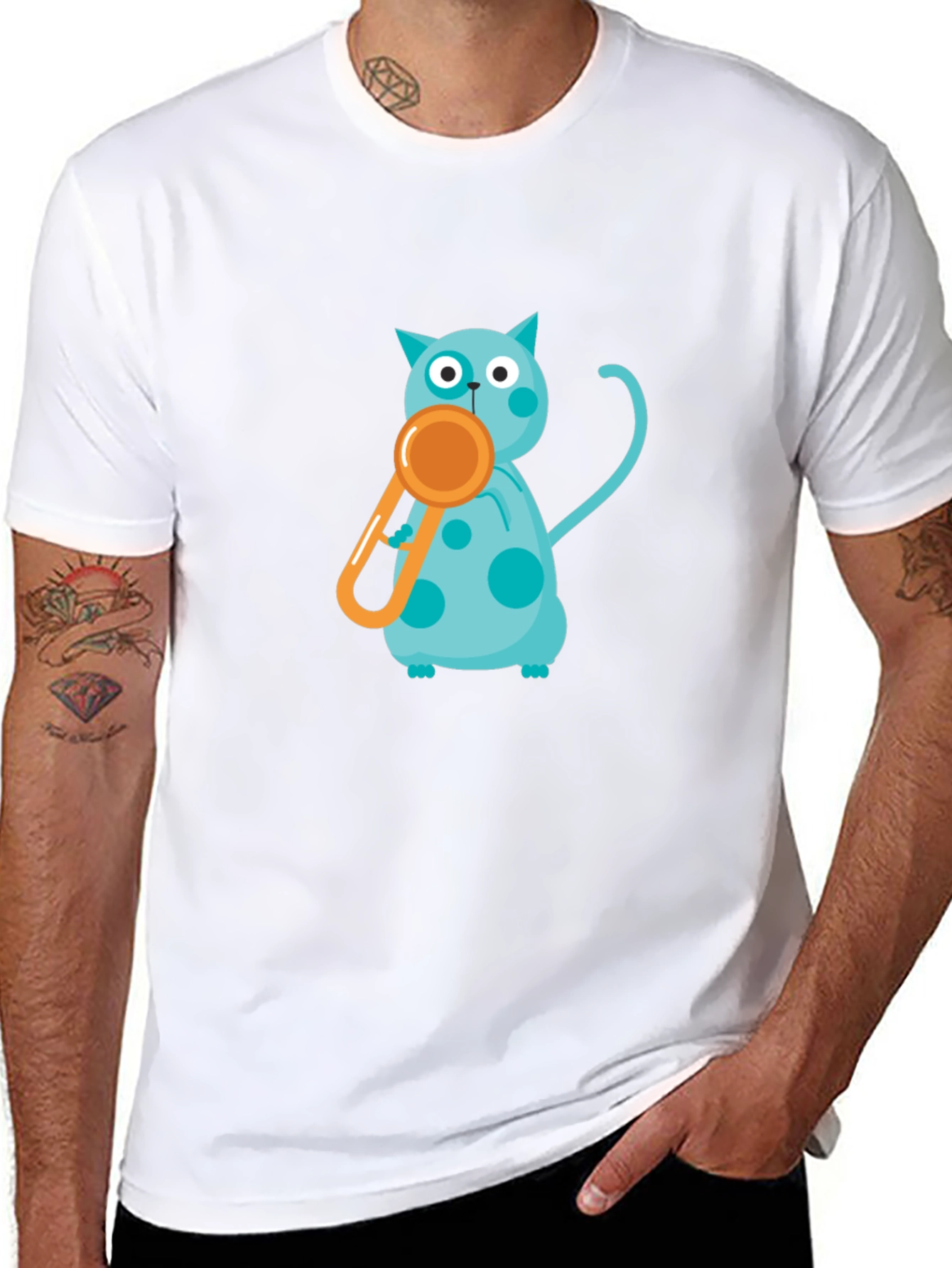 Black Tee with Playful Cat and Whistle Design
