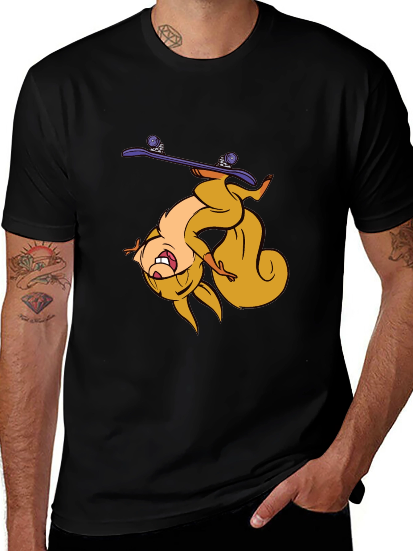 Skateboarding Squirrel T-Shirt - Black Graphic Tee
