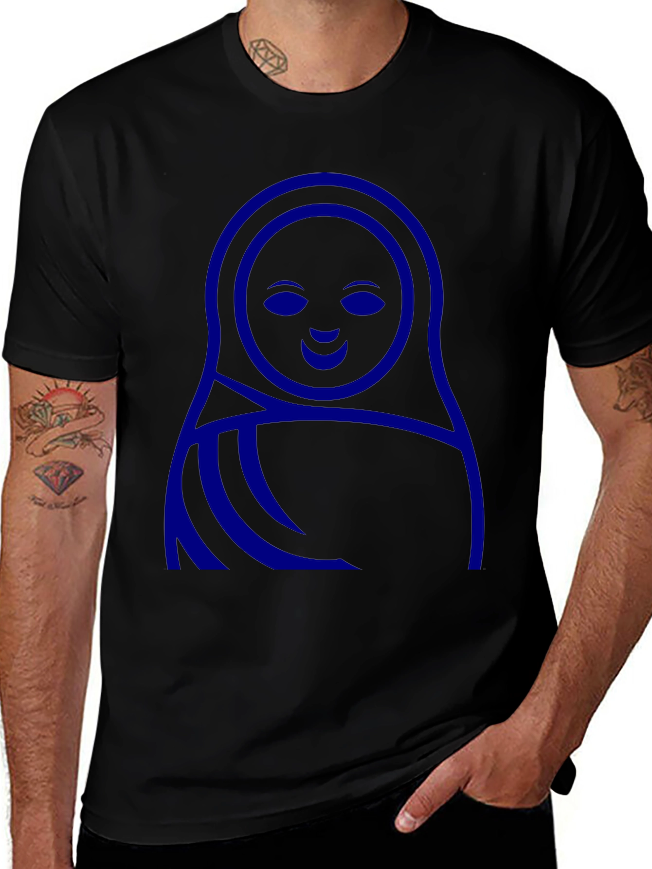 Blue Matryoshka Doll Graphic Black T-Shirt