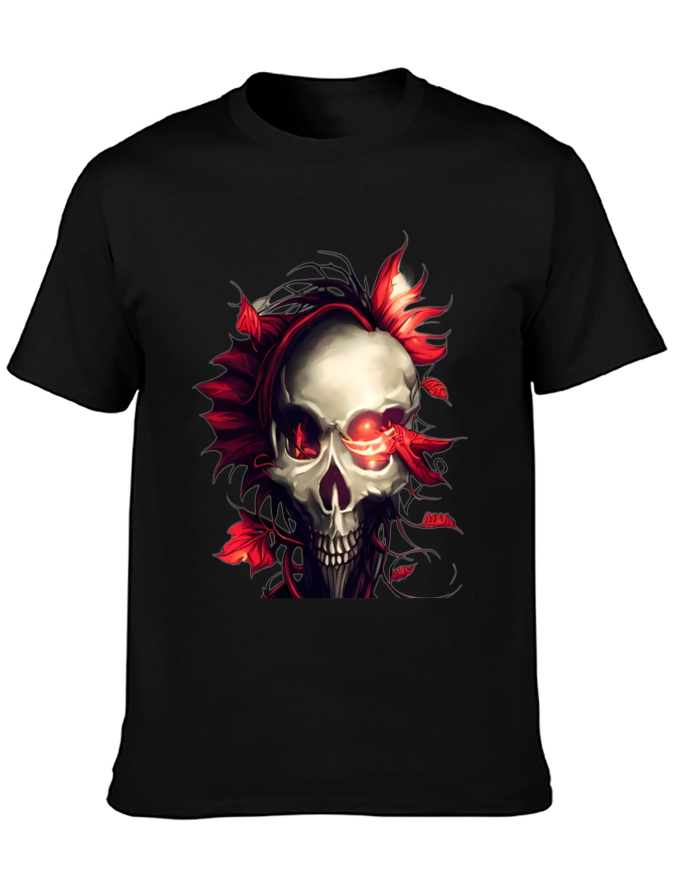 Skull and Red Leaf Graphic Print Black T-Shirt