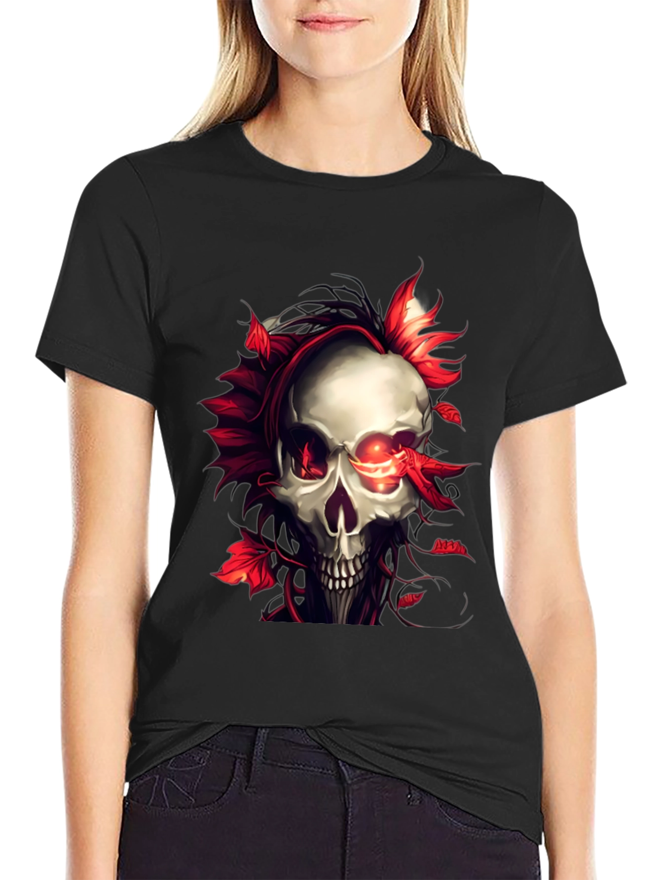 Skull and Red Leaf Graphic Print Black T-Shirt