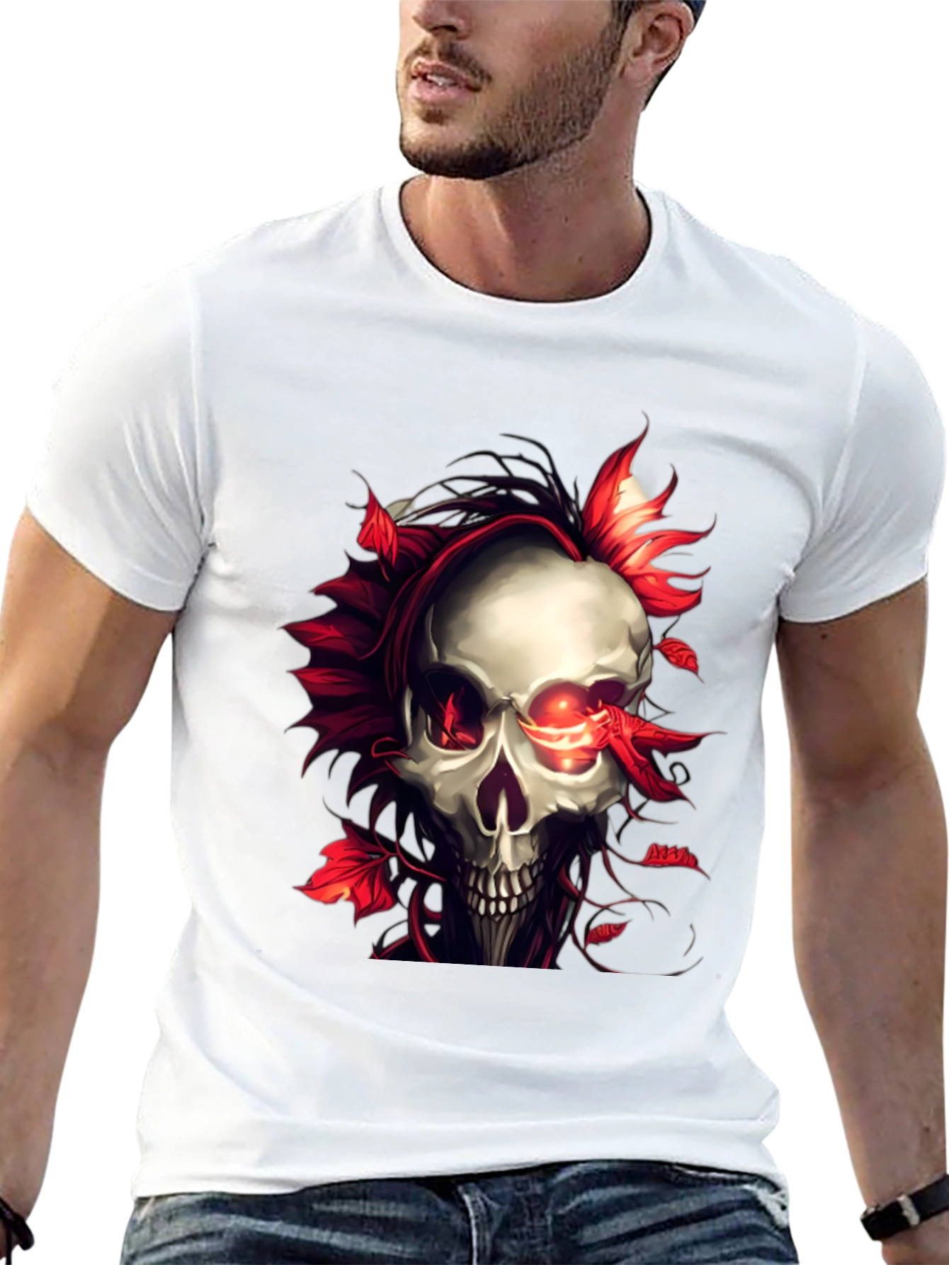 Skull and Red Leaf Graphic Print Black T-Shirt