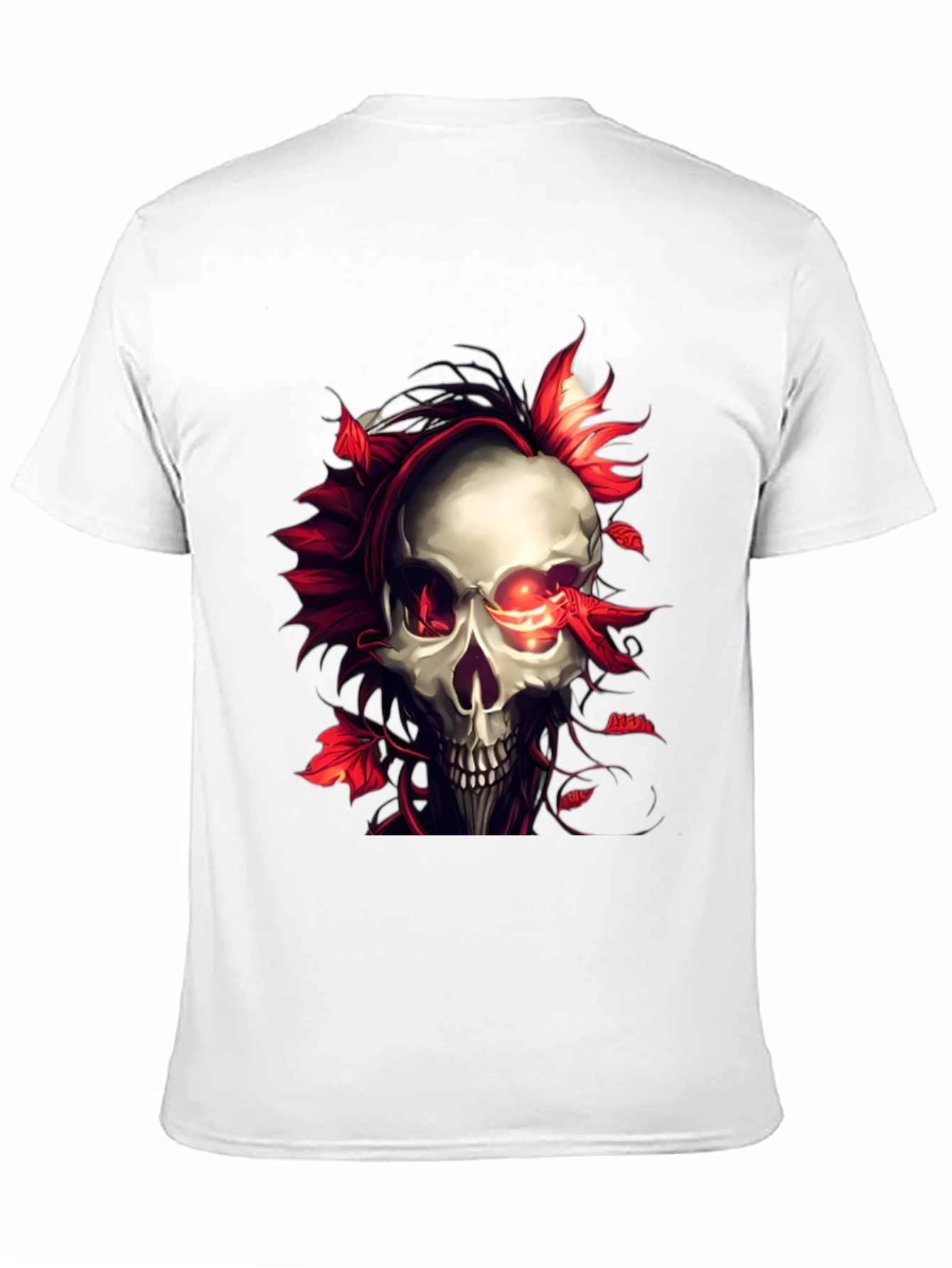 Skull and Red Leaf Graphic Print Black T-Shirt