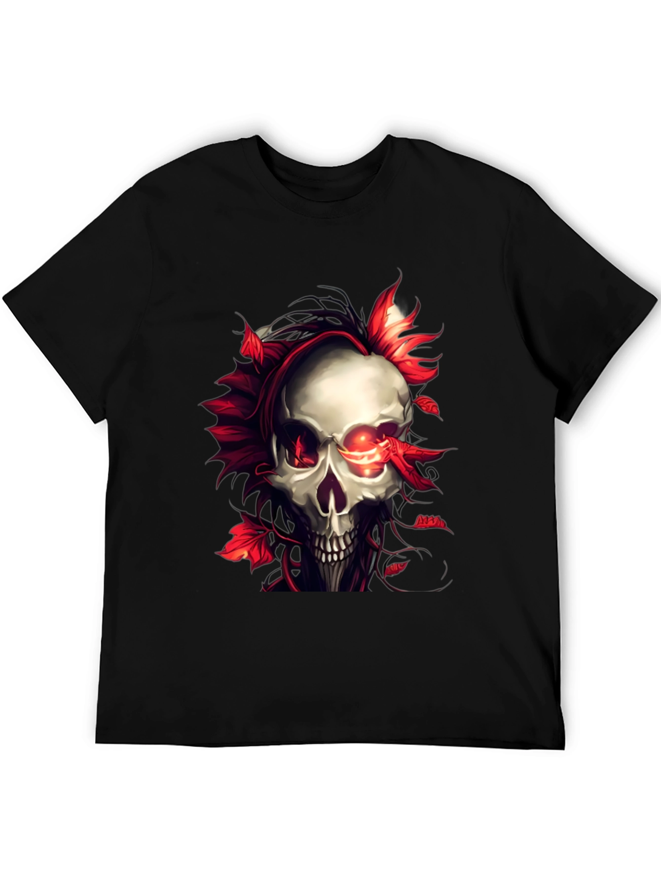 Skull and Red Leaf Graphic Print Black T-Shirt