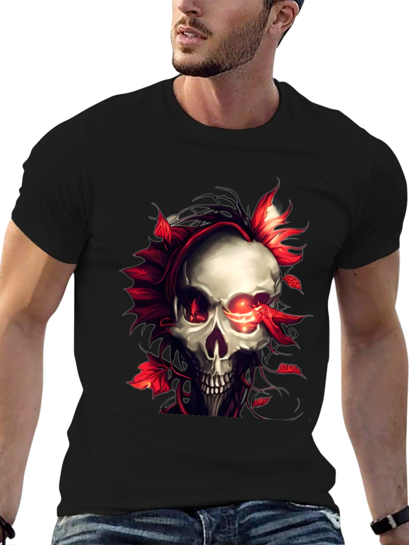 Skull and Red Leaf Graphic Print Black T-Shirt