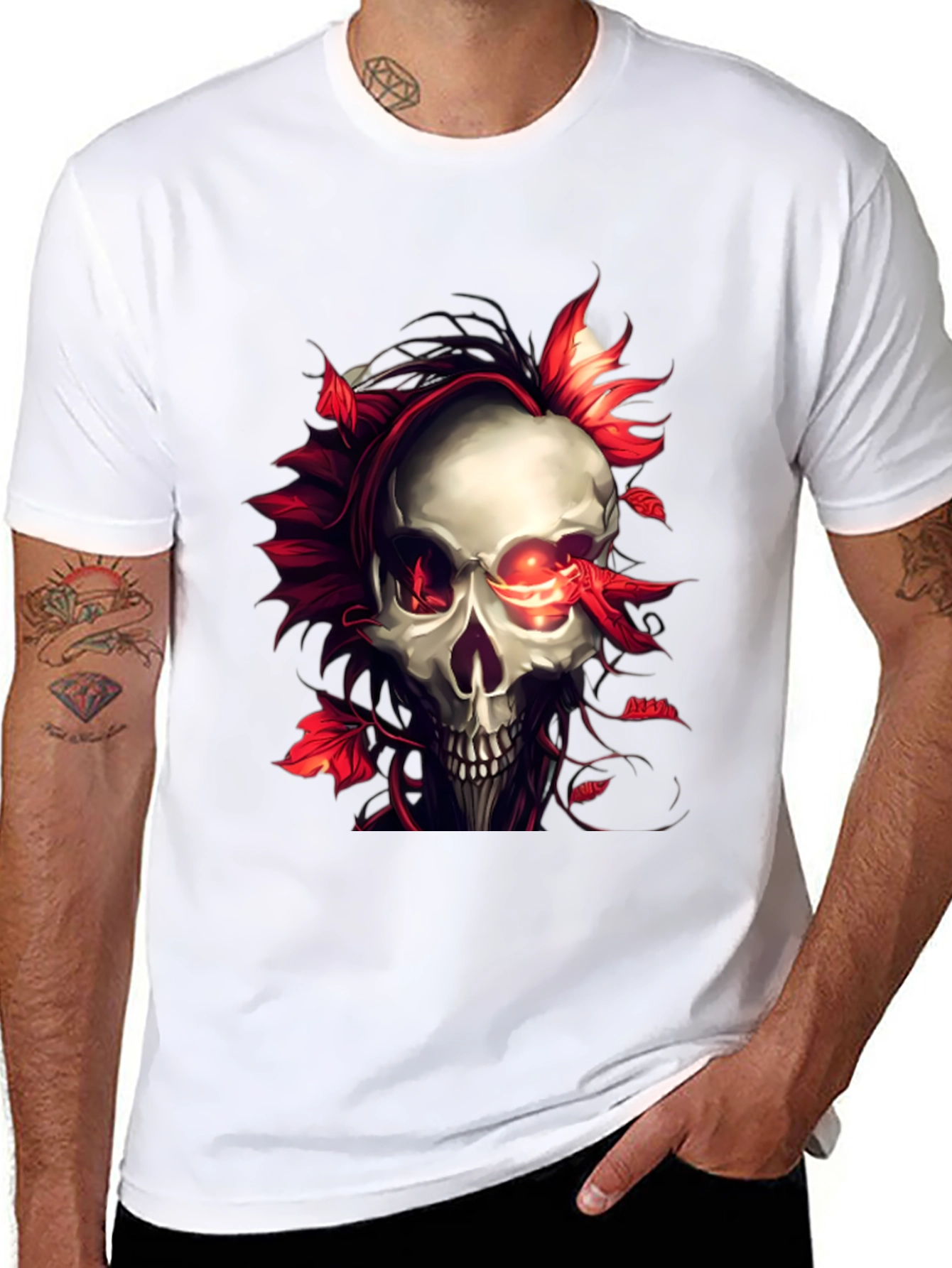 Skull and Red Leaf Graphic Print Black T-Shirt