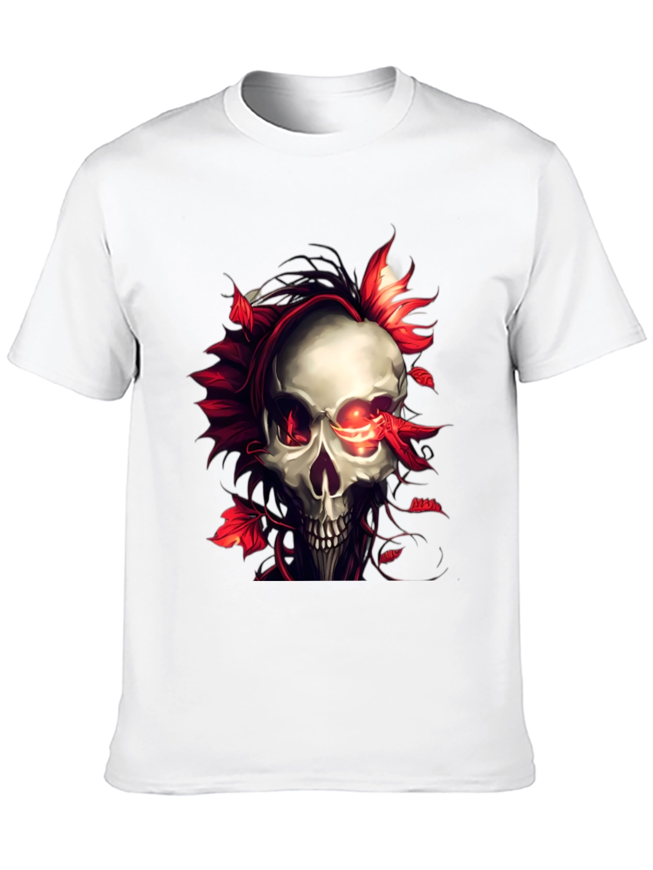 Skull and Red Leaf Graphic Print Black T-Shirt