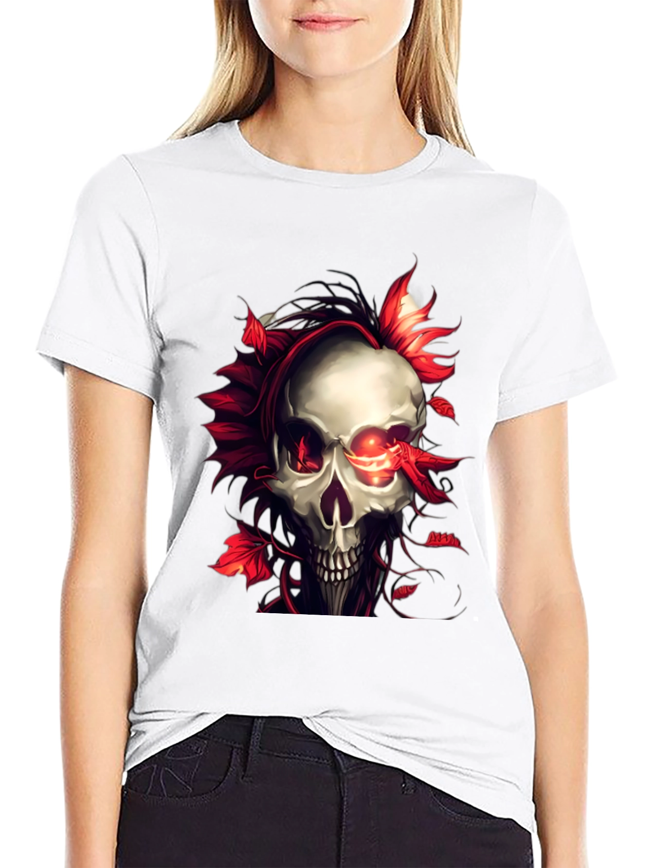 Skull and Red Leaf Graphic Print Black T-Shirt