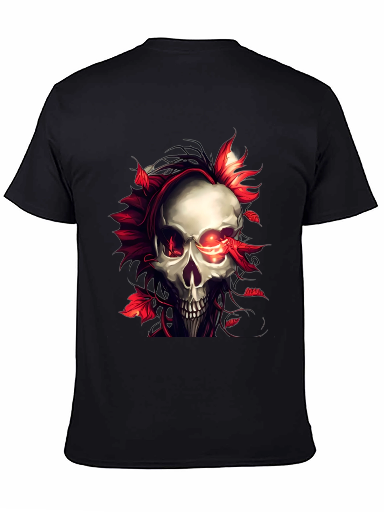 Skull and Red Leaf Graphic Print Black T-Shirt