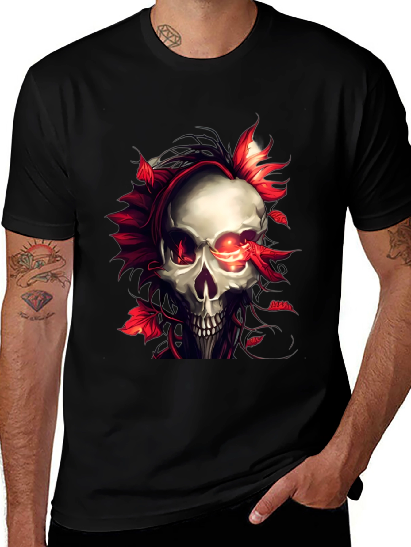 Skull and Red Leaf Graphic Print Black T-Shirt